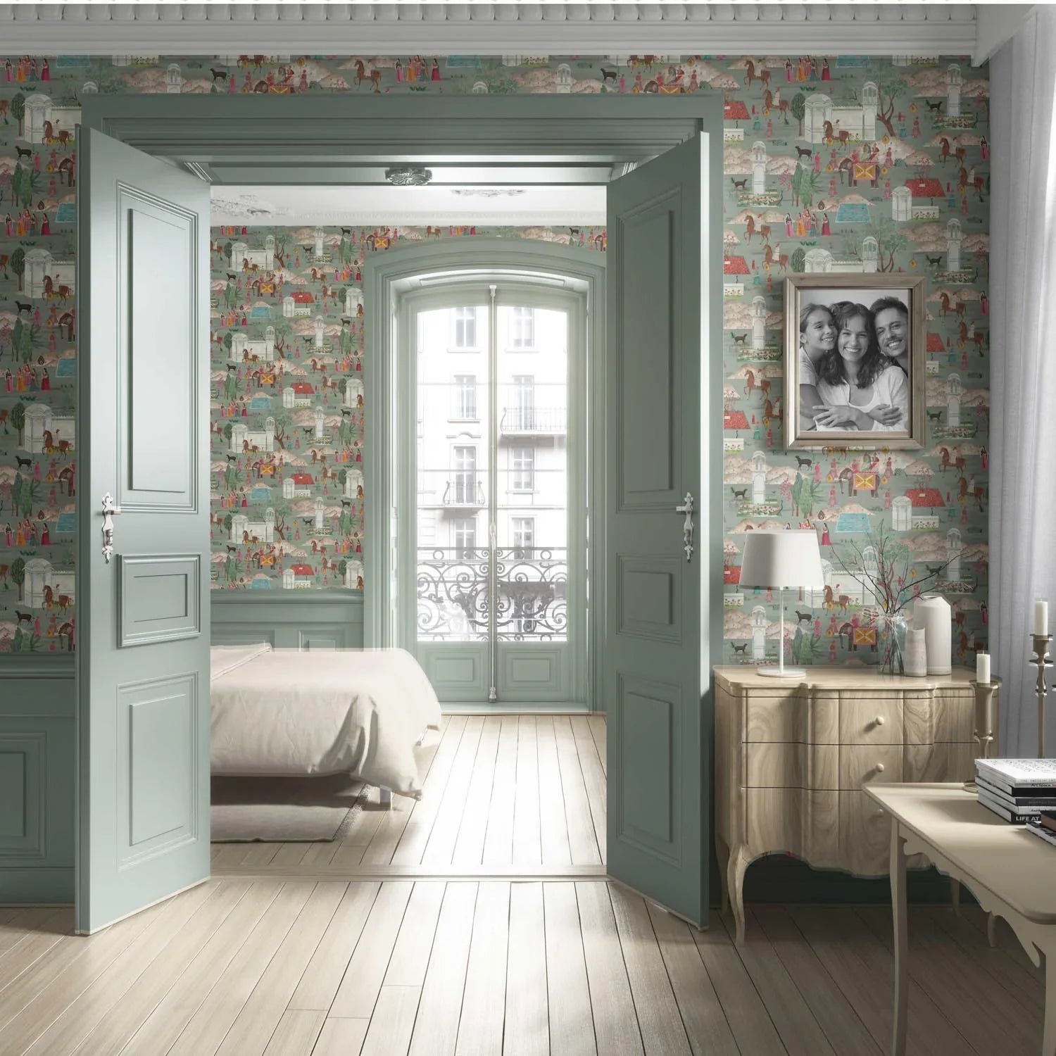 Ethnic/ Heritage/ Horses & Castles Print Living Room Wallpaper Sample (Green/ Blue/ Red/ Pink/ Yellow)