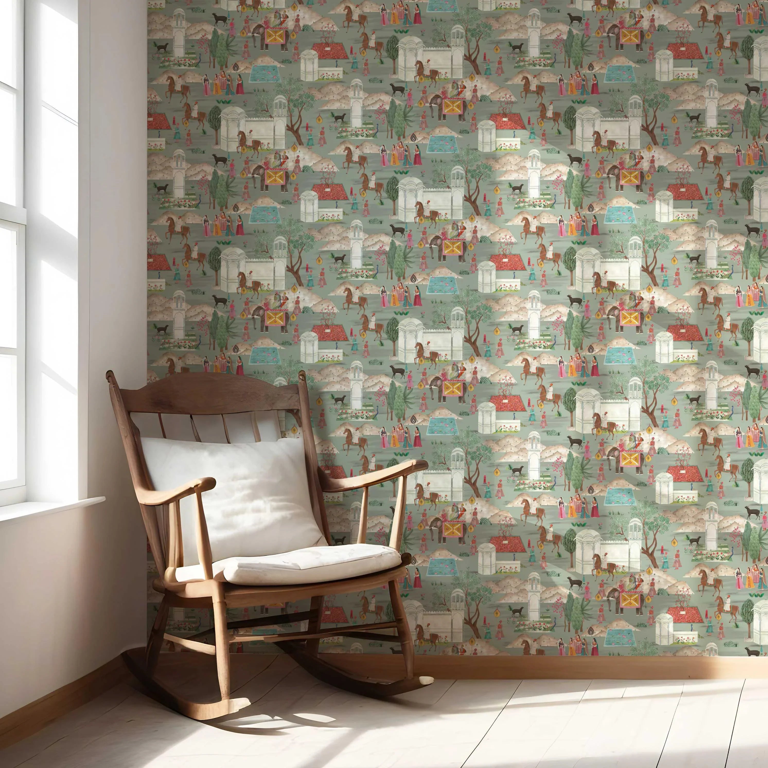 Ethnic/ Heritage/ Horses & Castles Print Nursery Wallpaper Sample (Green/ Blue/ Red/ Pink/ Yellow)