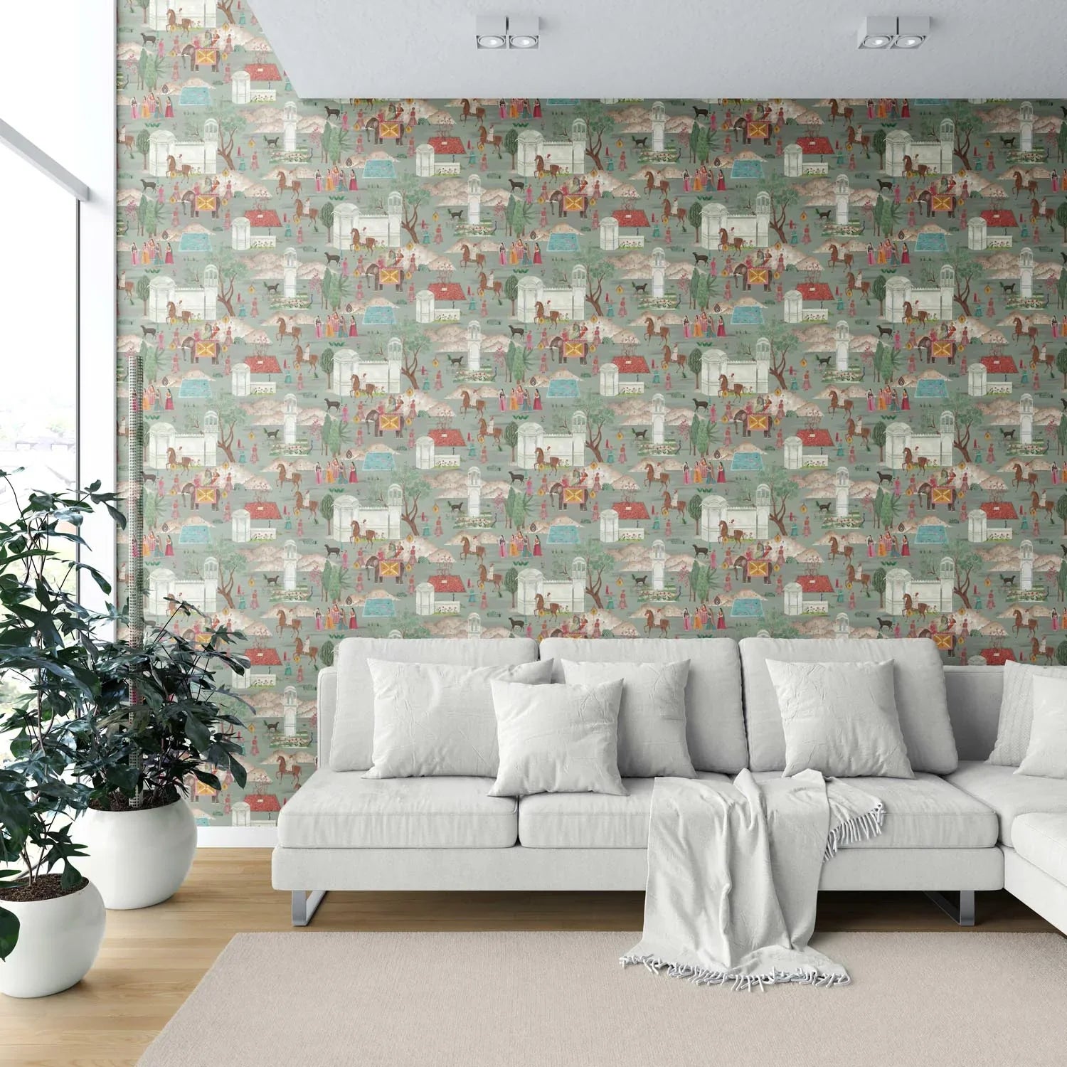 Ethnic/ Heritage/ Horses & Castles Print Shower Toilet Wallpaper Sample (Green/ Blue/ Red/ Pink/ Yellow)