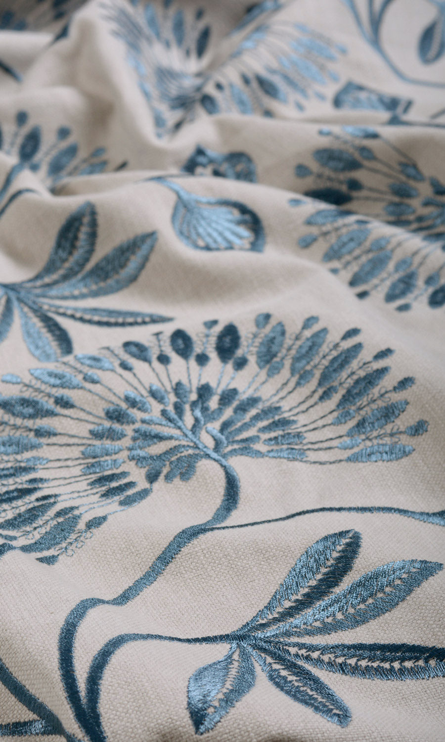 Vine Embroidered Fabric By the Metre for Curtains & Drapes (Pale Beige/ Ocean Blue)