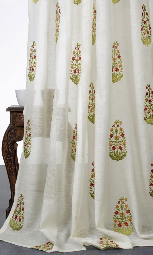 Red floral embroidered sheer curtains 