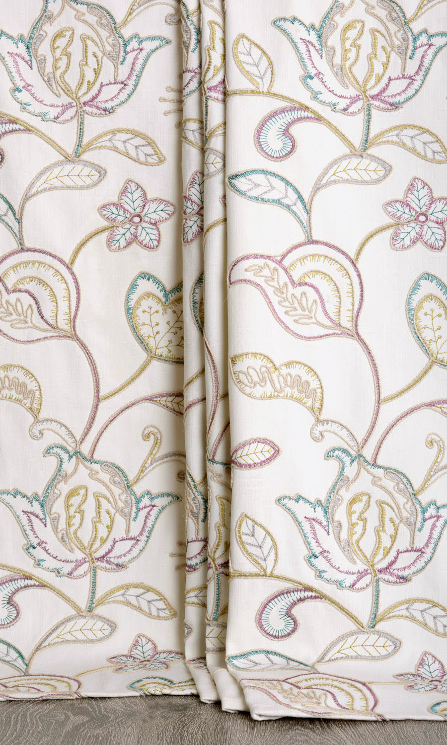 Vine Embroidered Home Textile Fabric Material By the Metre (White/ Green/ Pink)