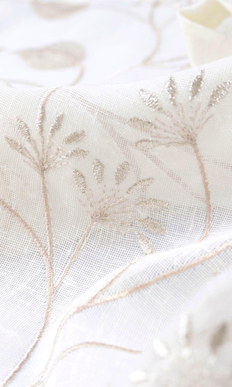 Sheer Floral Embroidered Fabric By the Metre for Curtains & Drapes (White/ Beige)