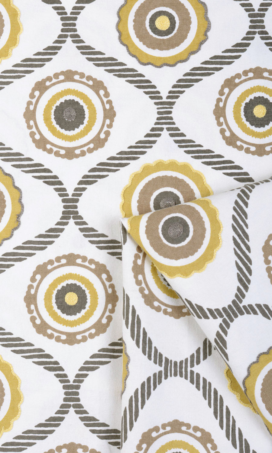 Printed Cotton Fabric Sample for Curtains & Drapes (Ocher Yellow/ Gray/ Brown)