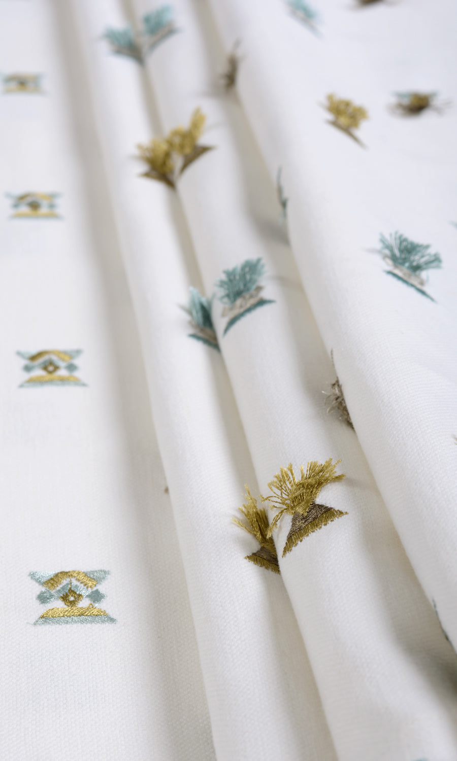 Embroidered Fabric Sample for Curtains & Drapes (Green/ Blue/ White)