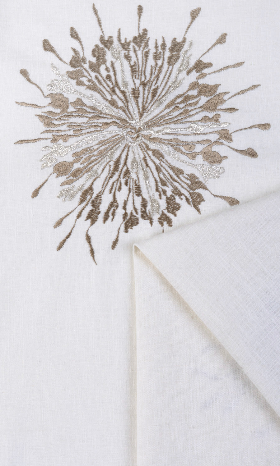 Sunburst Embroidered Fabric By the Metre for Curtains & Drapes (White/ Coffee Brown)