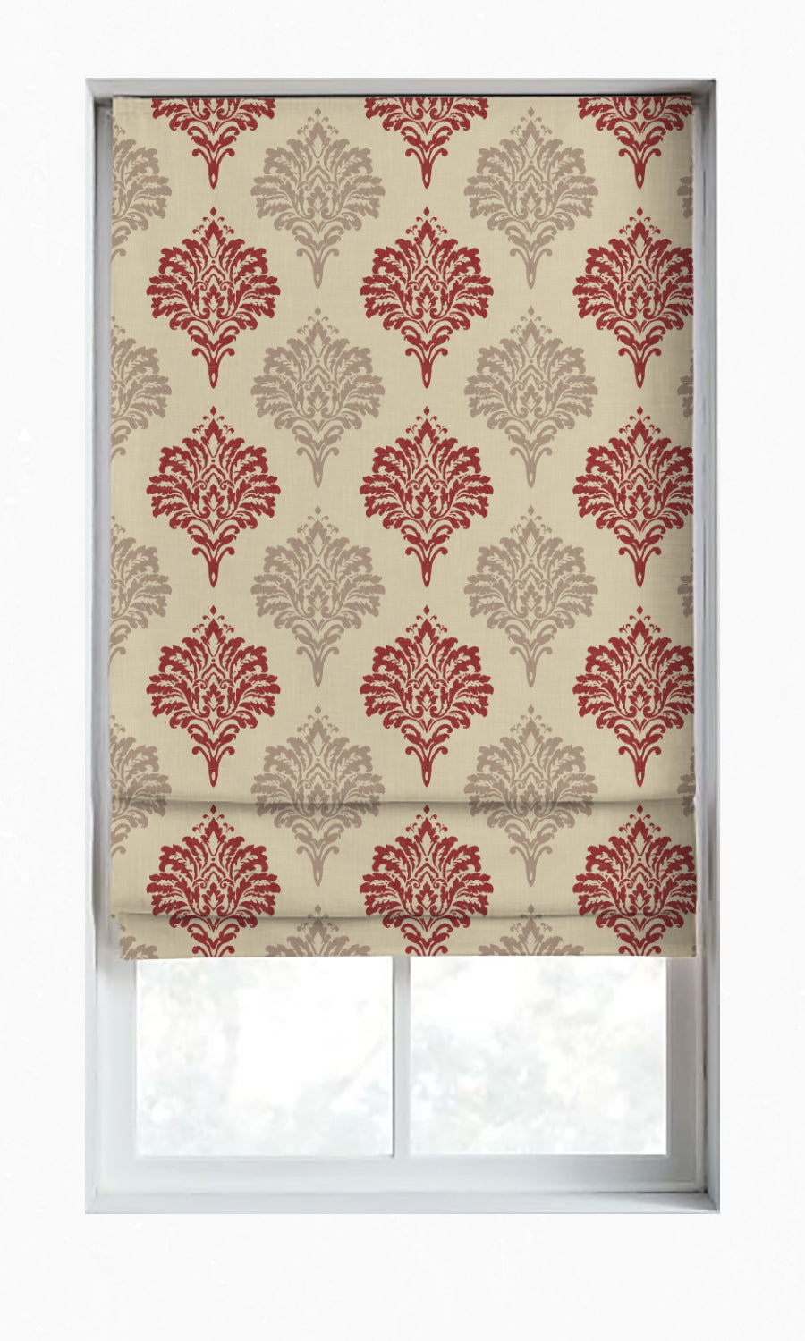 Damask Dimout Window Treatments Fabric By the Metre (Red/ Stone Grey)