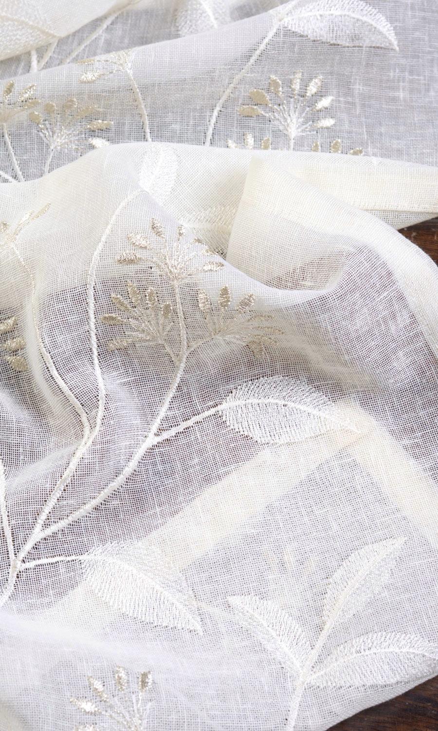 Floral Sheer Fabric By the Metre for Curtains & Drapes (White/ Cream)