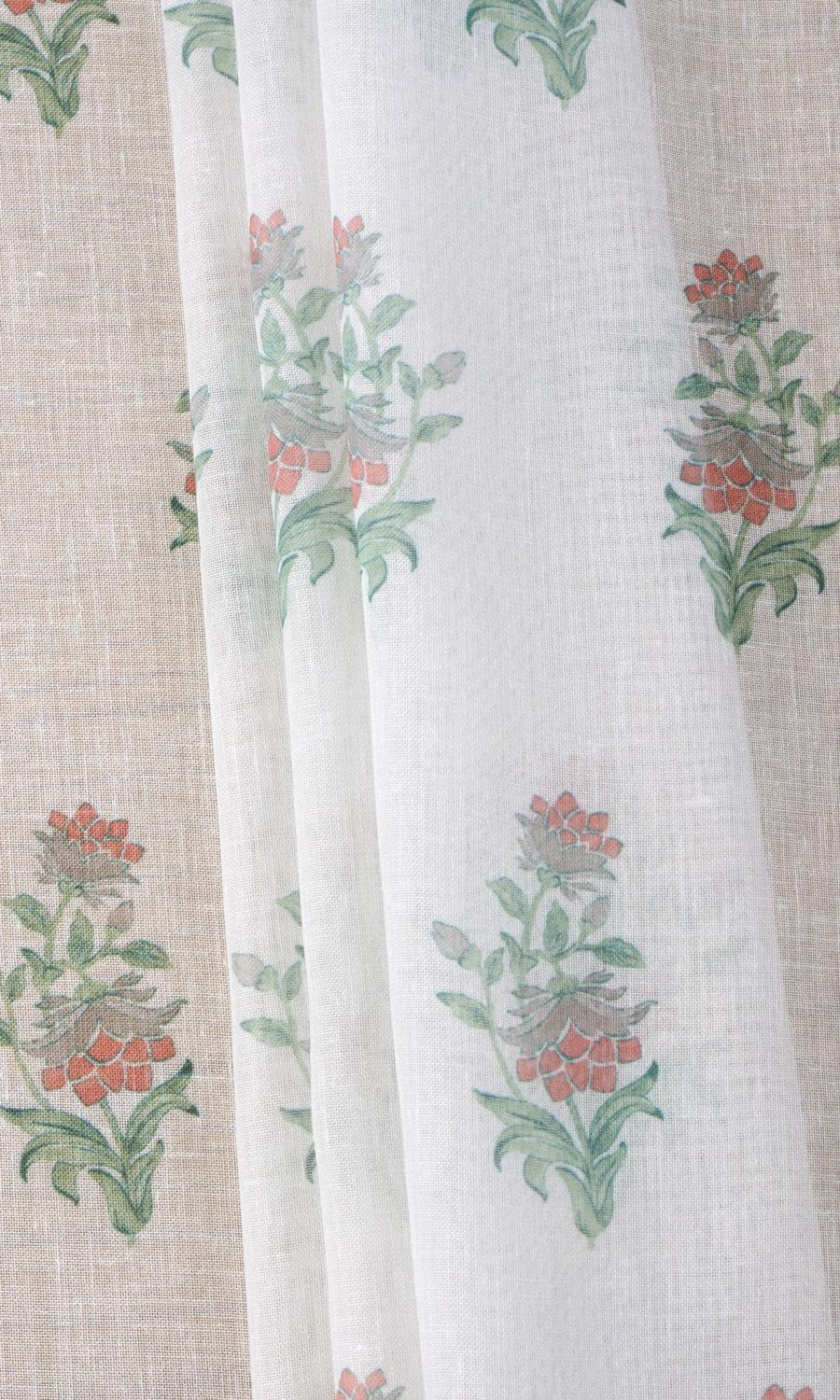 Sheer Floral Window Treatments Fabric By the Metre (White/ Red/ Green)