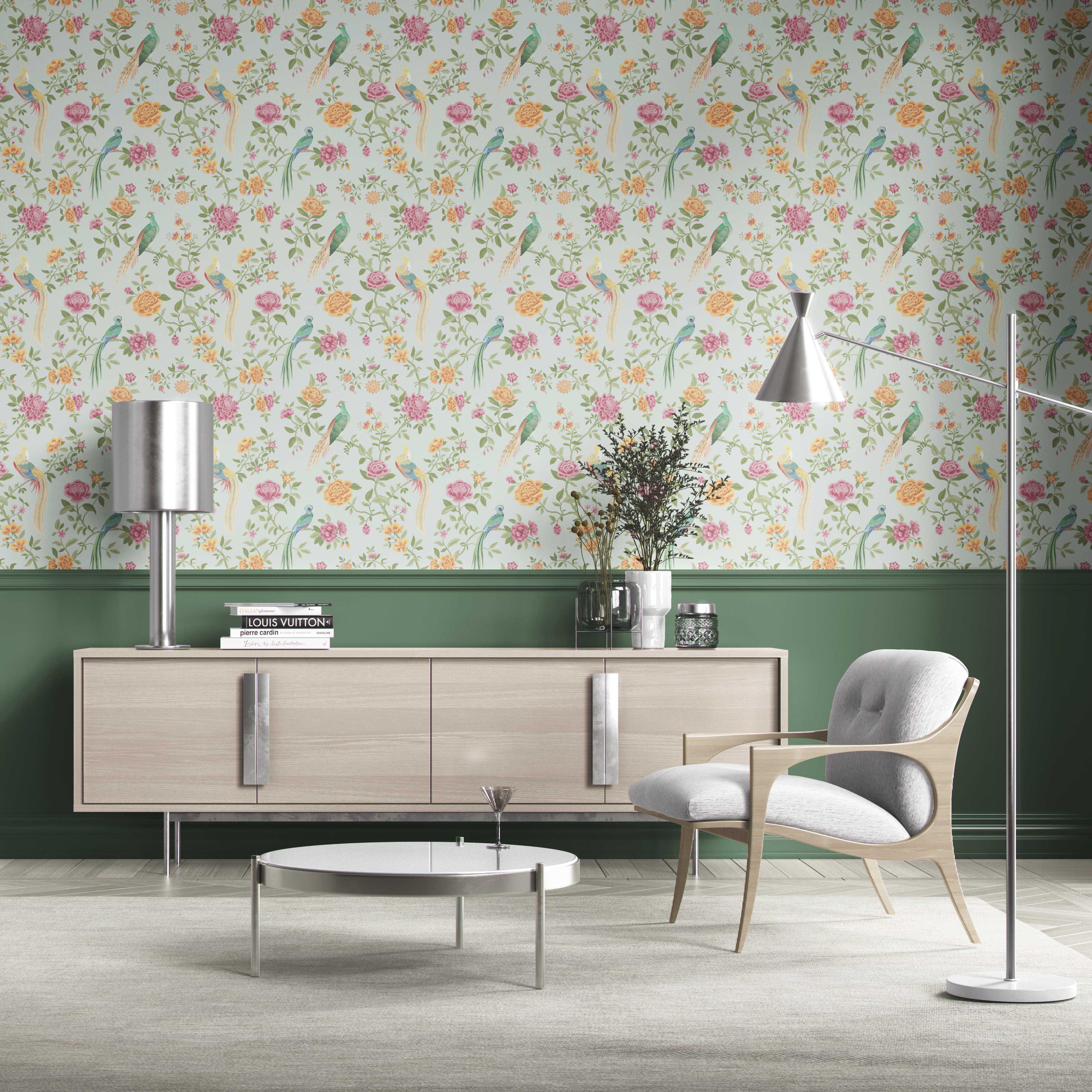 Floral Chinoiserie/ Nature Bird Print Kitchen Wallpaper (Duck Egg Blue/ Pink/ Green/ Yellow)