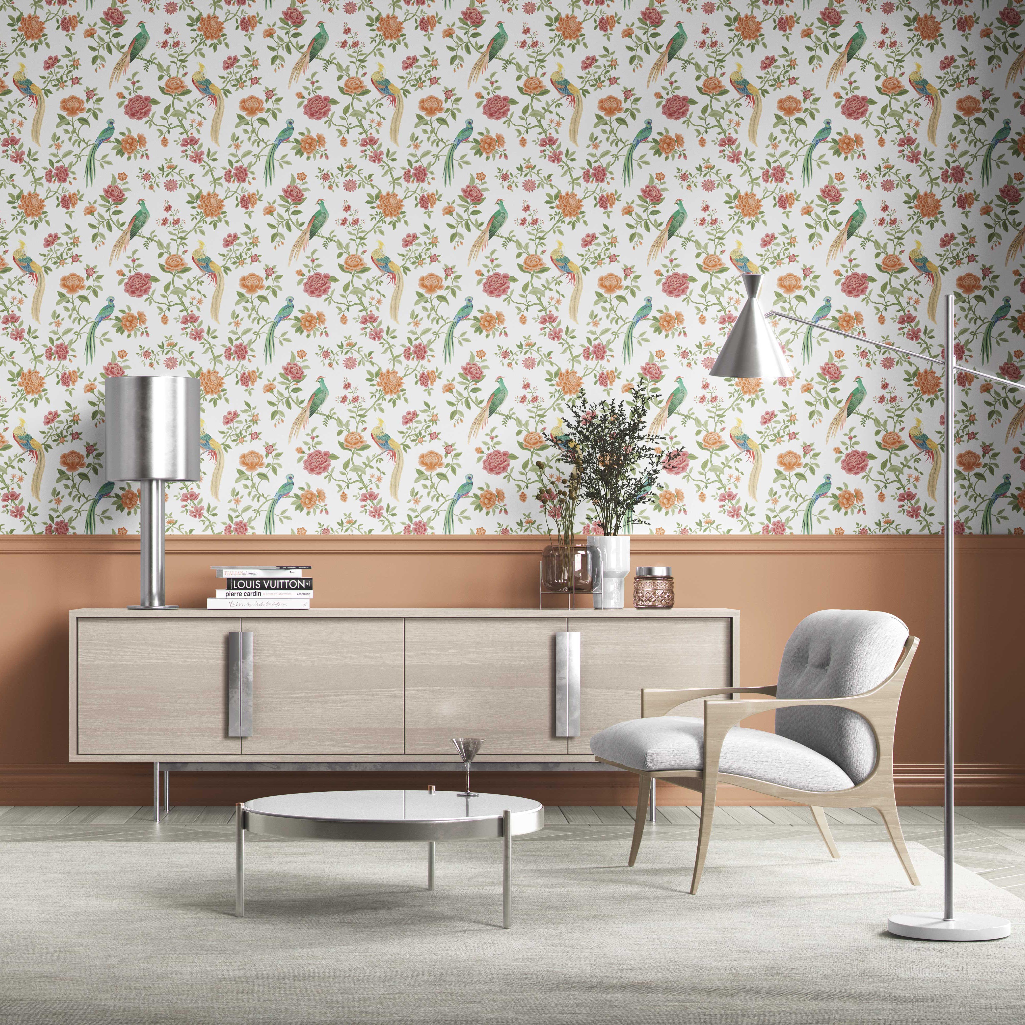Floral Chinoiserie/ Nature Bird Print Kitchen Wallpaper Sample (Orange/ Pink/ Blue/ Green/ Yellow)