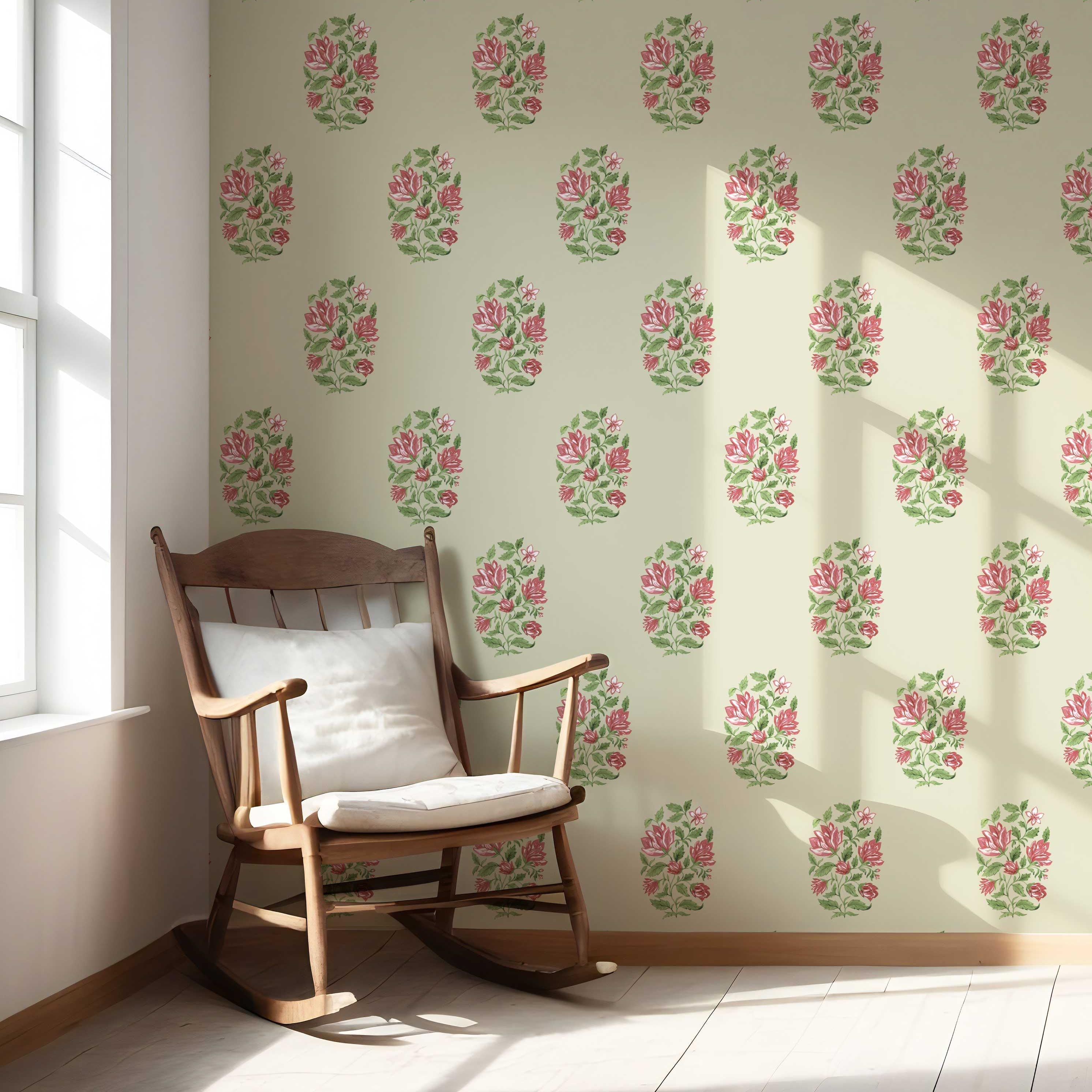 Floral Block Print Nursery Wallpaper Sample (Sage Green/ Pink-Red)