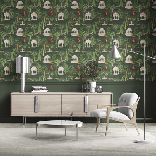 Vintage Heritage/ Ethnic Chinoiserie Traditional Wallpaper (Green/ White/ Brown/ Red)