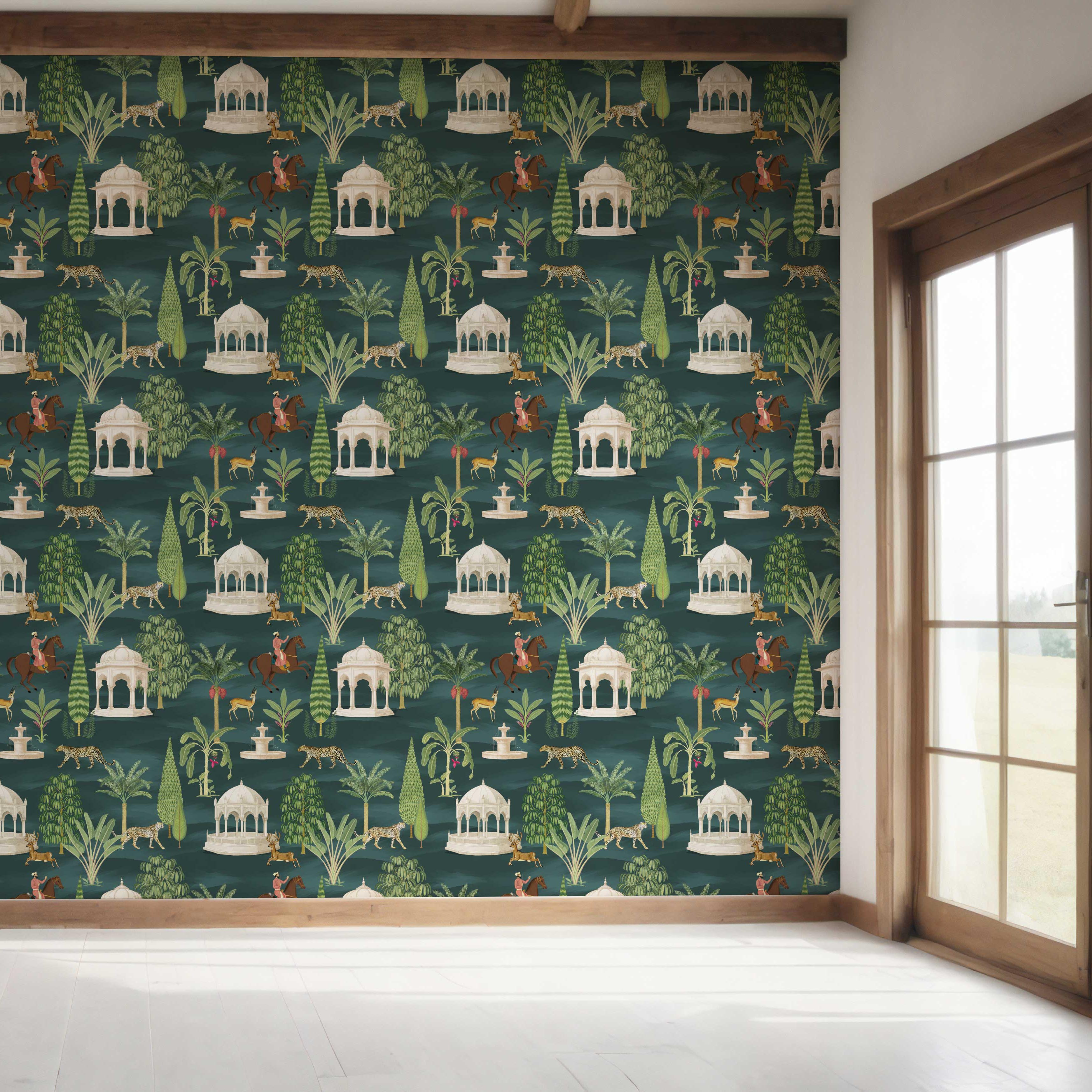 Vintage Heritage/ Ethnic Chinoiserie Bedroom Wallpaper (Teal Green/ White/ Brown/ Red)