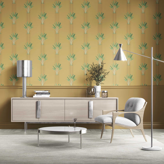 Botanical/ Floral Block Print Traditional Wallpaper (Yellow/ Green)