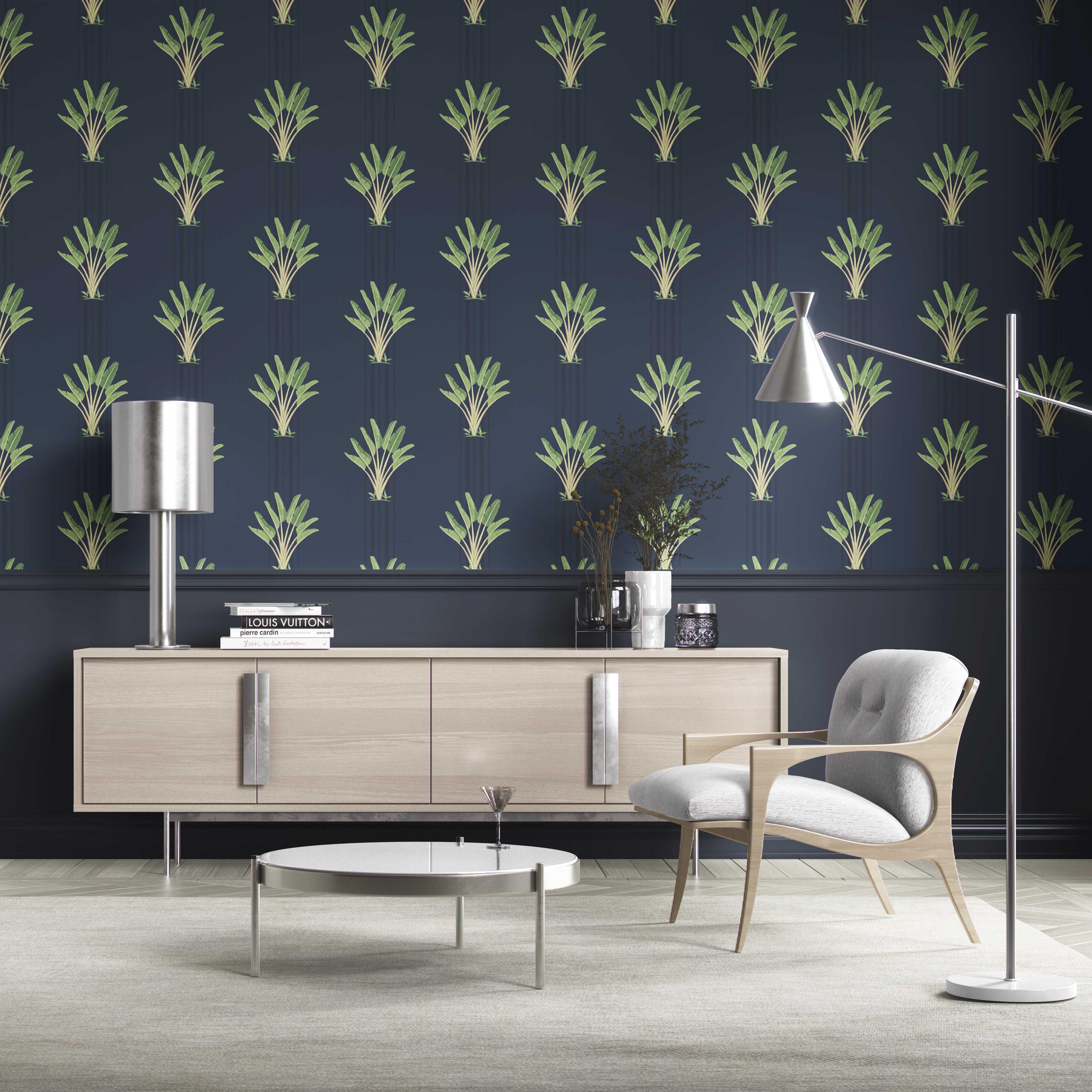 Botanical/ Floral Block Print Traditional Wallpaper (Navy Blue/ Green)