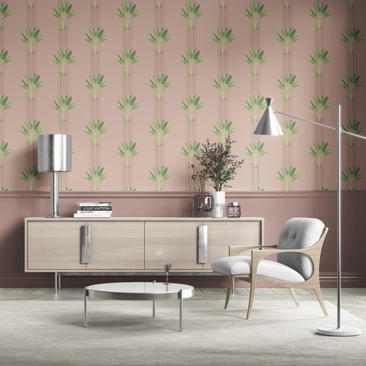 Botanical/ Floral Block Print Traditional Wallpaper (Pink/ Green)