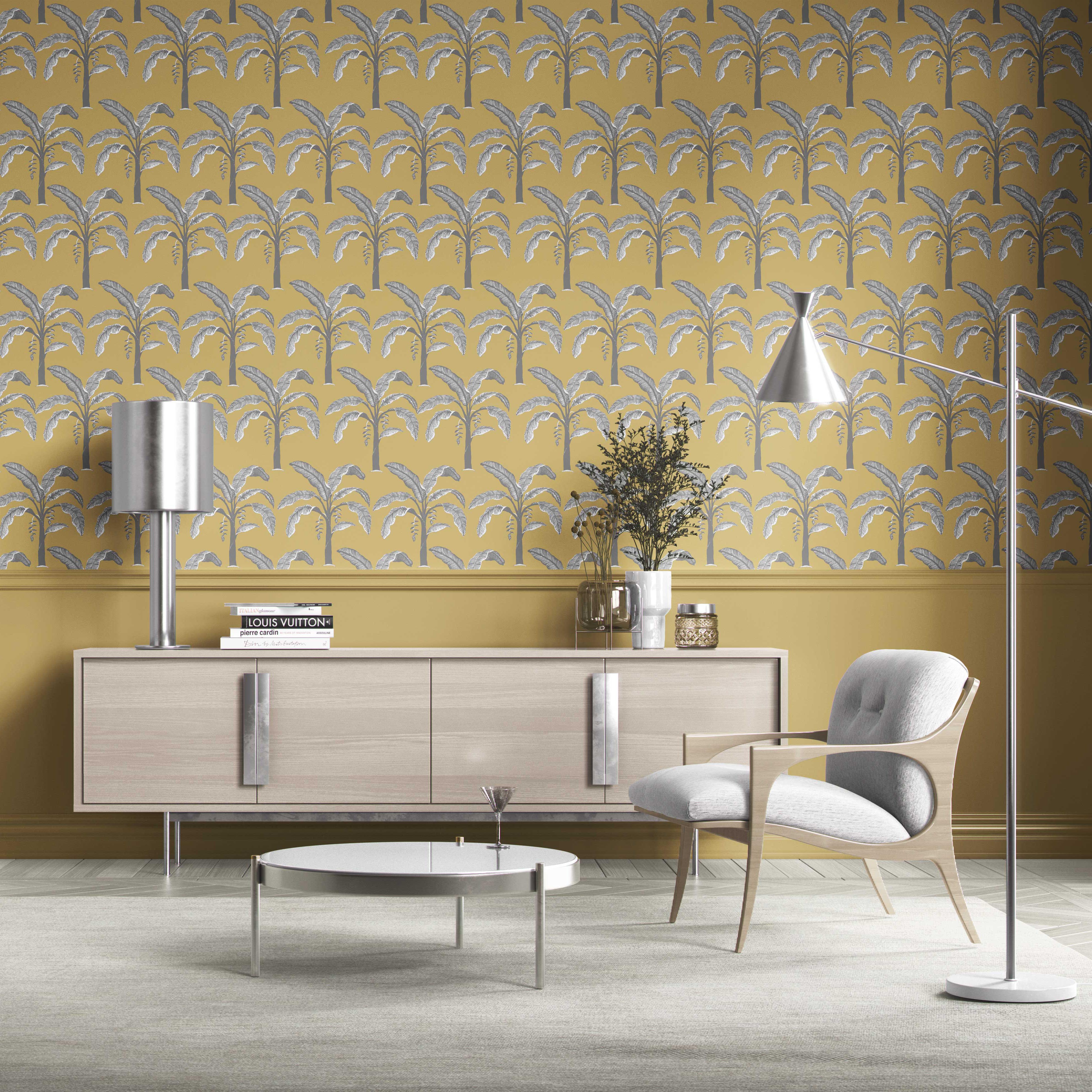 Floral/ Botanical Palm Trees Patterned Kitchen Wallpaper (Yellow/ Gray)