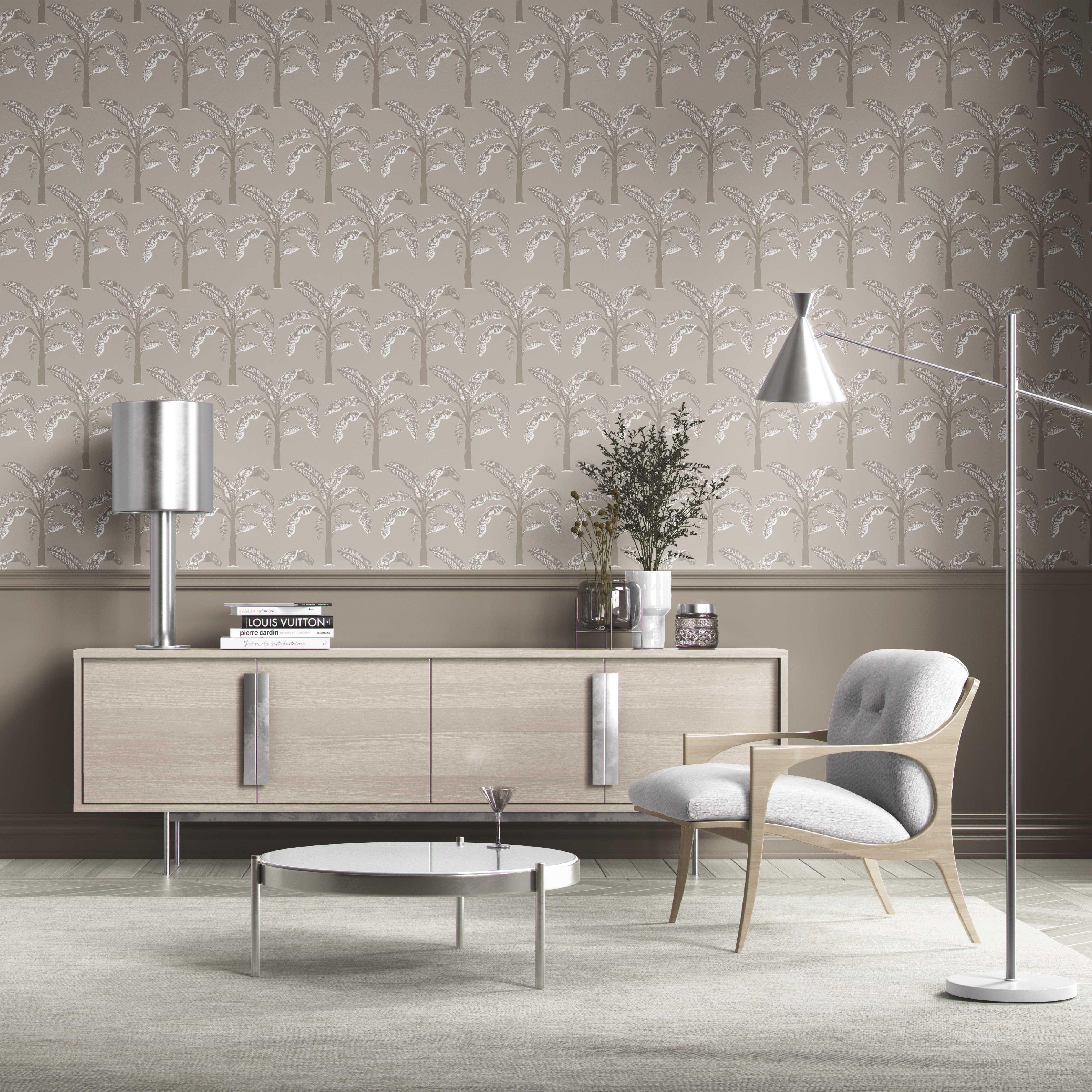 Floral/ Botanical Palm Trees Patterned Kitchen Wallpaper (Greige/ Soft Taupe/ Gray)