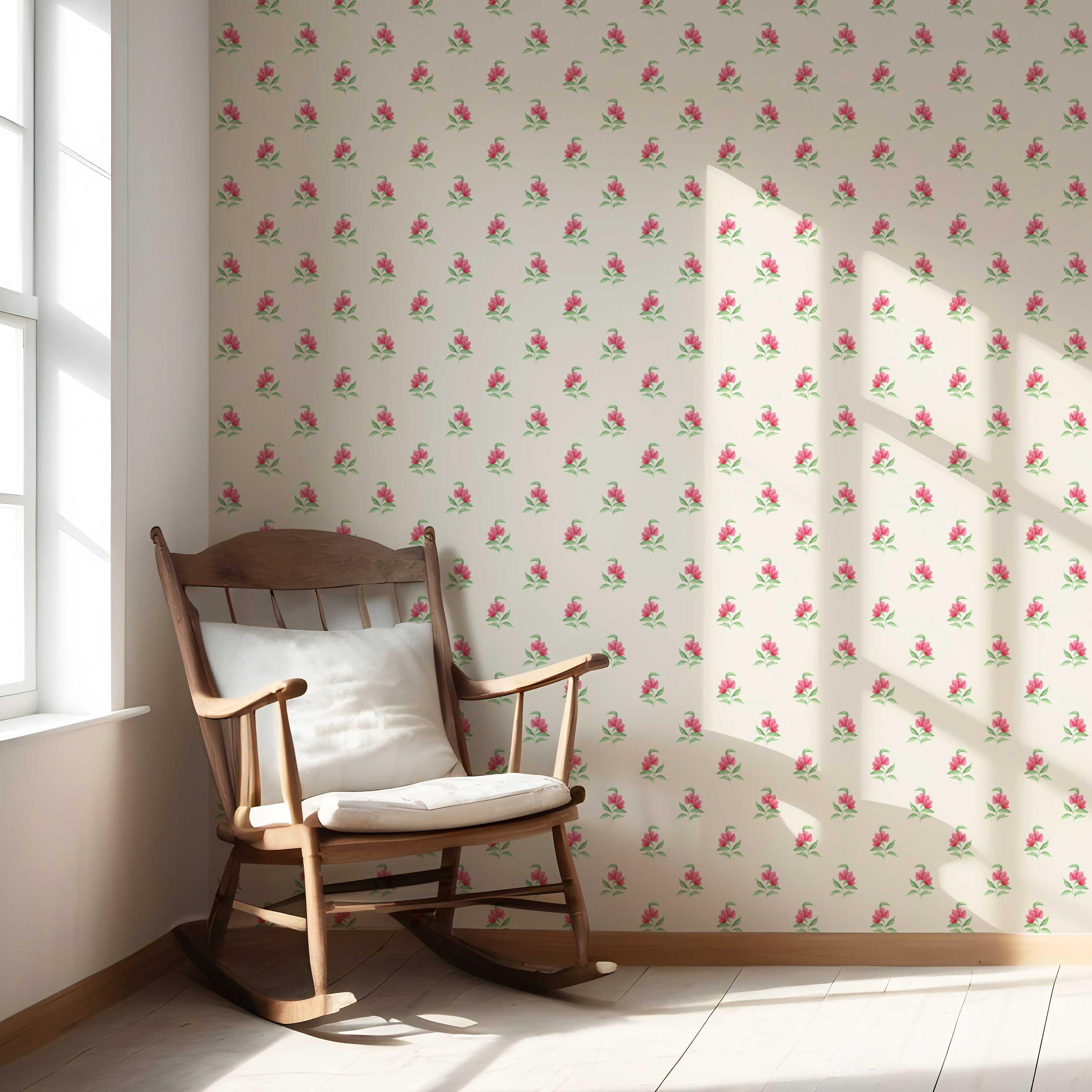 Vintage-Inspired Floral Block Print Nursery Wallpaper Sample (Pink/ Green/ Beige)