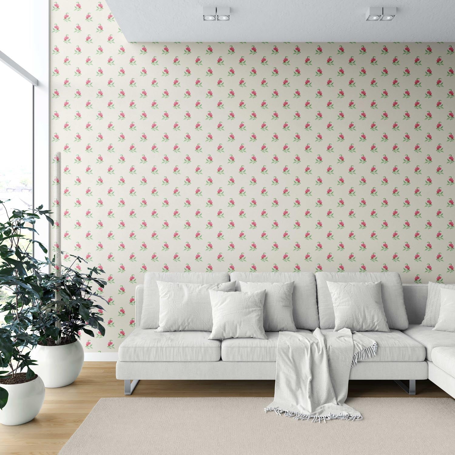 Vintage-Inspired Floral Block Print Shower Toilet Wallpaper Sample (Pink/ Green/ Beige)