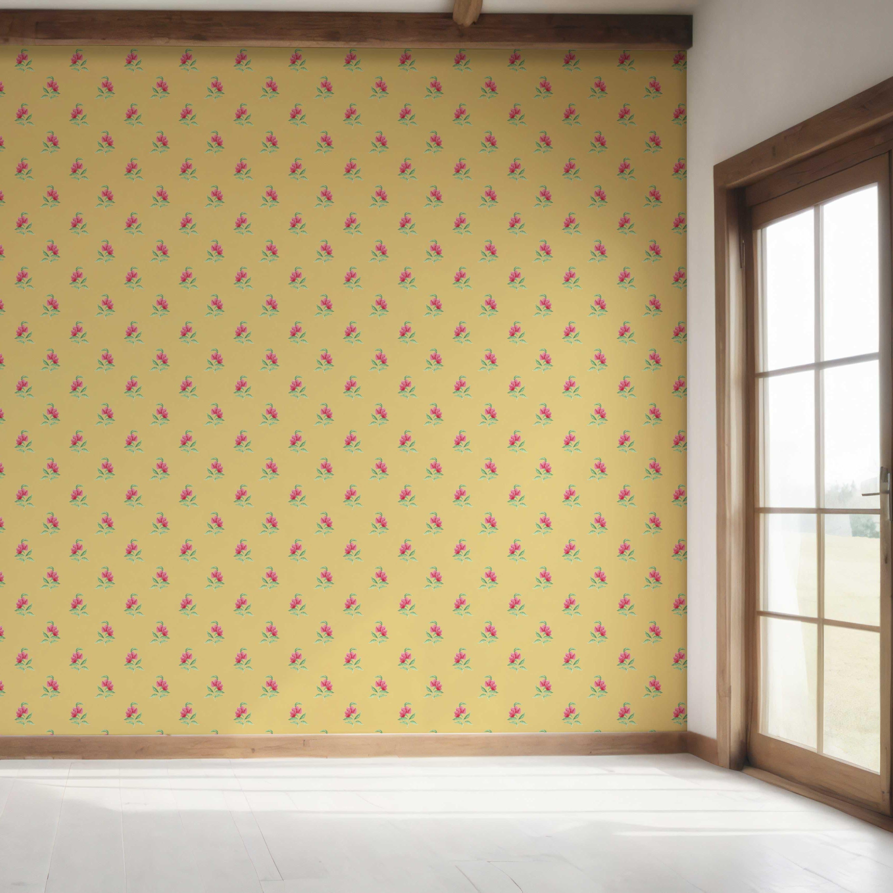 Vintage-Inspired Floral Block Print Bedroom Wallpaper (Yellow/ Pink/ Green)