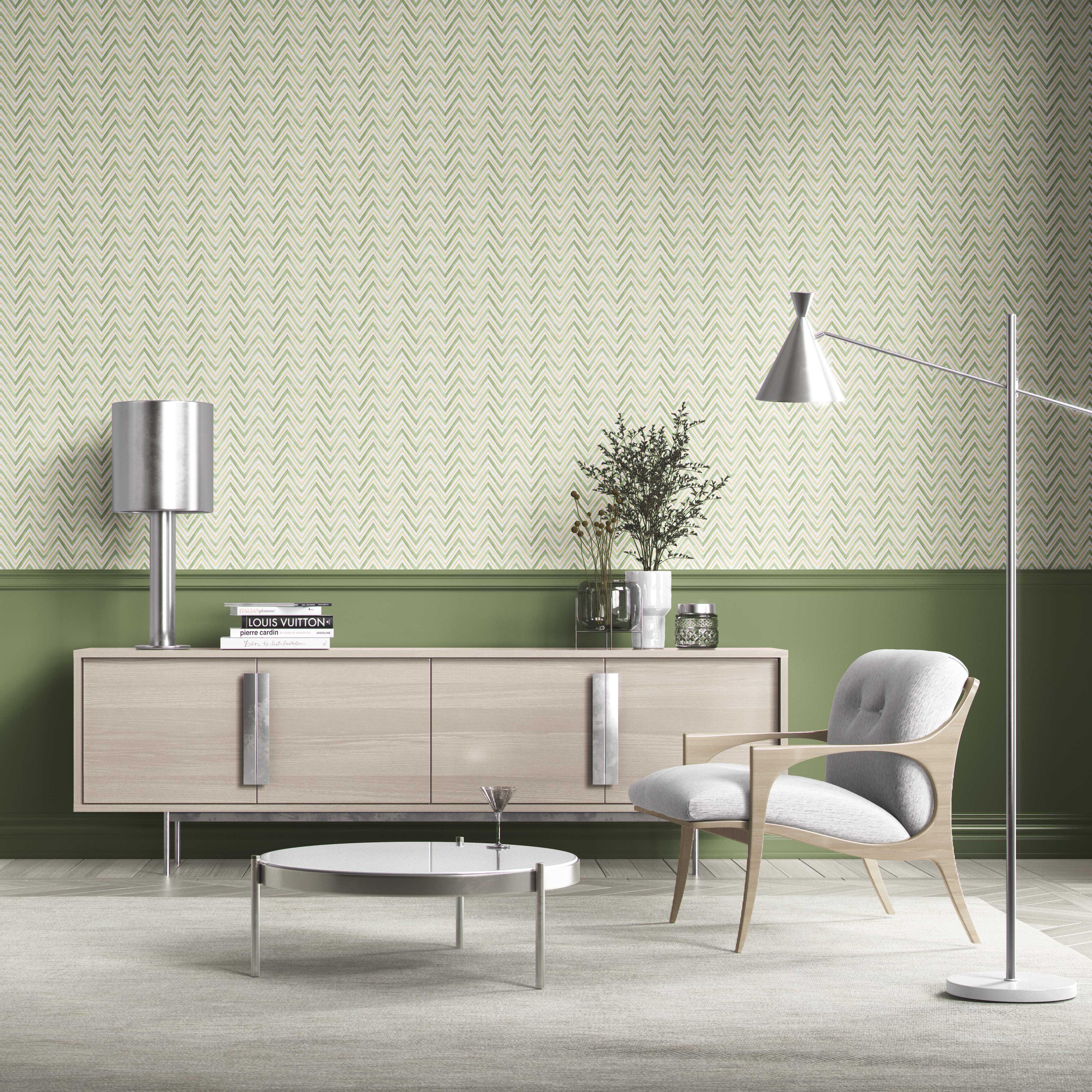 Geometric Zigzag/ Chevron Bathroom Wallpaper Sample (Green/ Yellow)