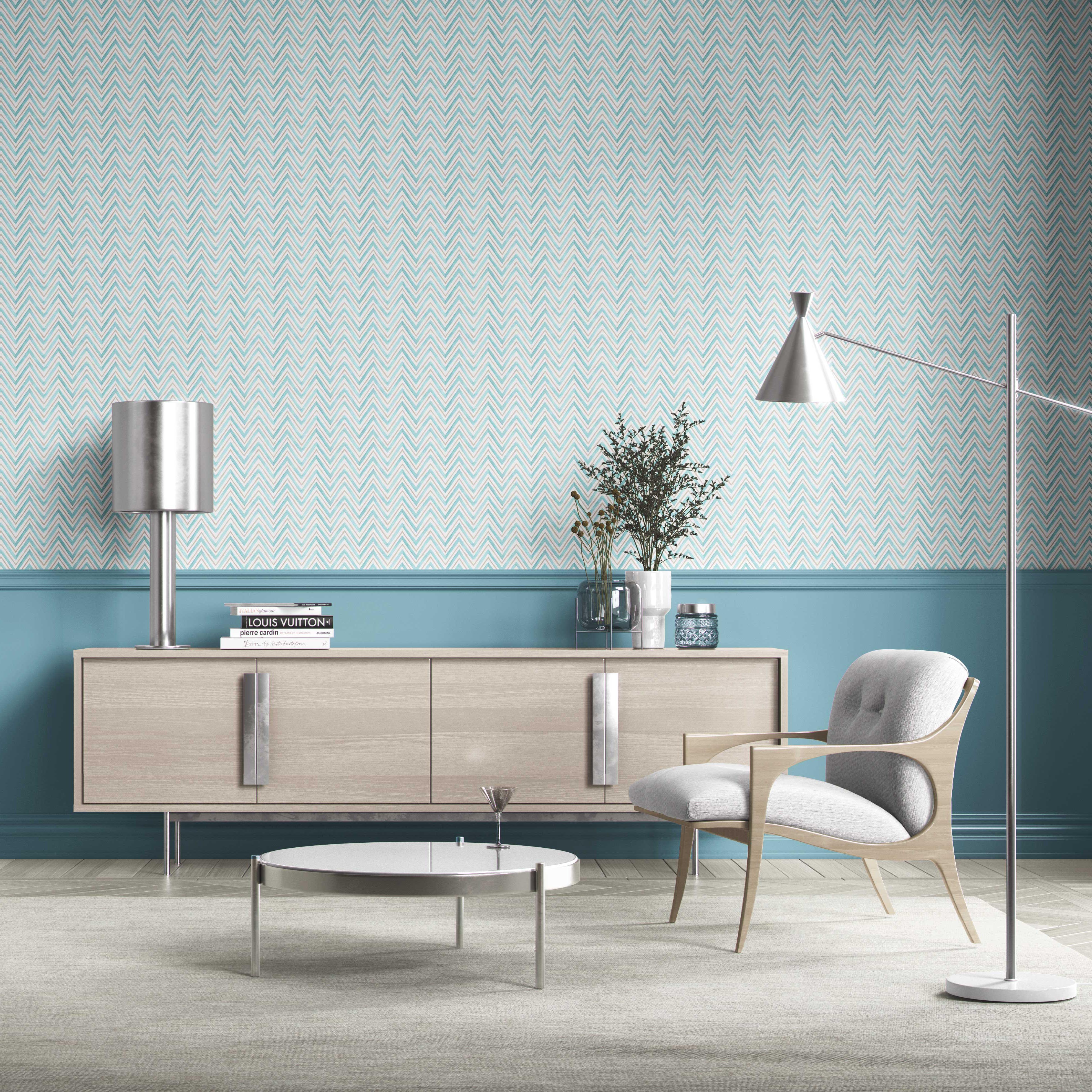 Geometric Zigzag/ Chevron Bathroom Wallpaper Sample (Blue)