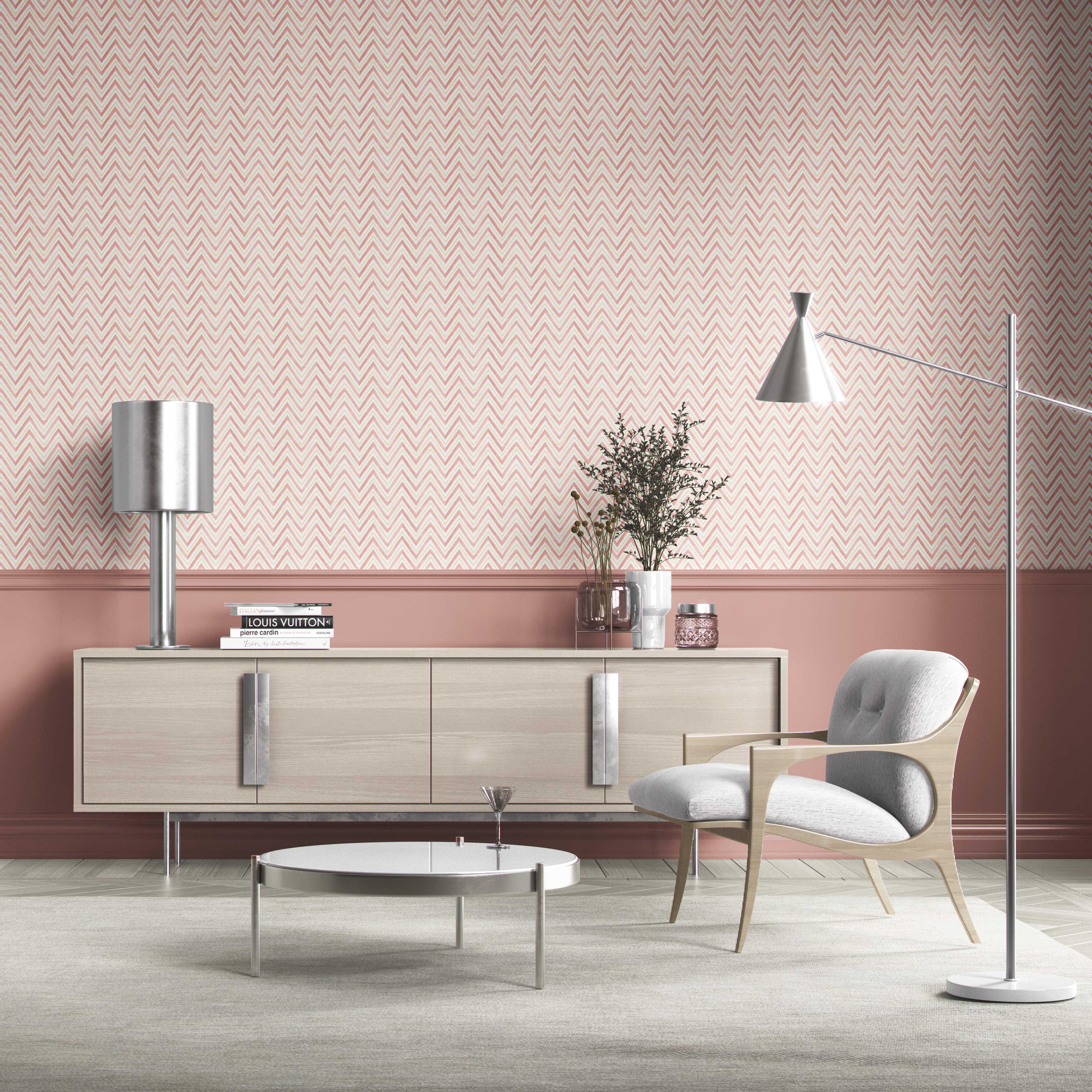 Geometric Zigzag/ Chevron Bathroom Wallpaper Sample (Pink/ Yellow)