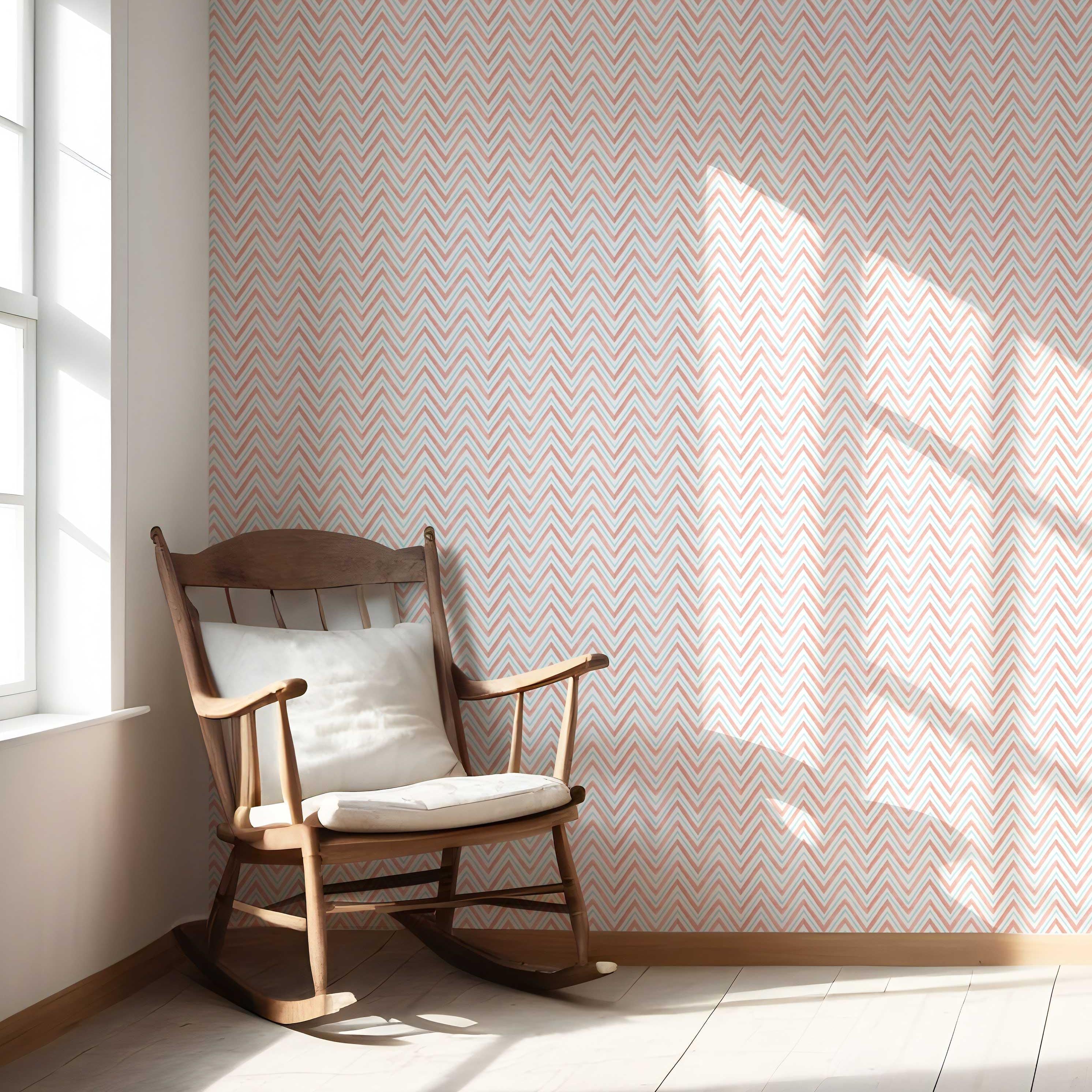 Geometric Zigzag/ Chevron Nursery Wallpaper Sample (Coral Pink/ Blue)