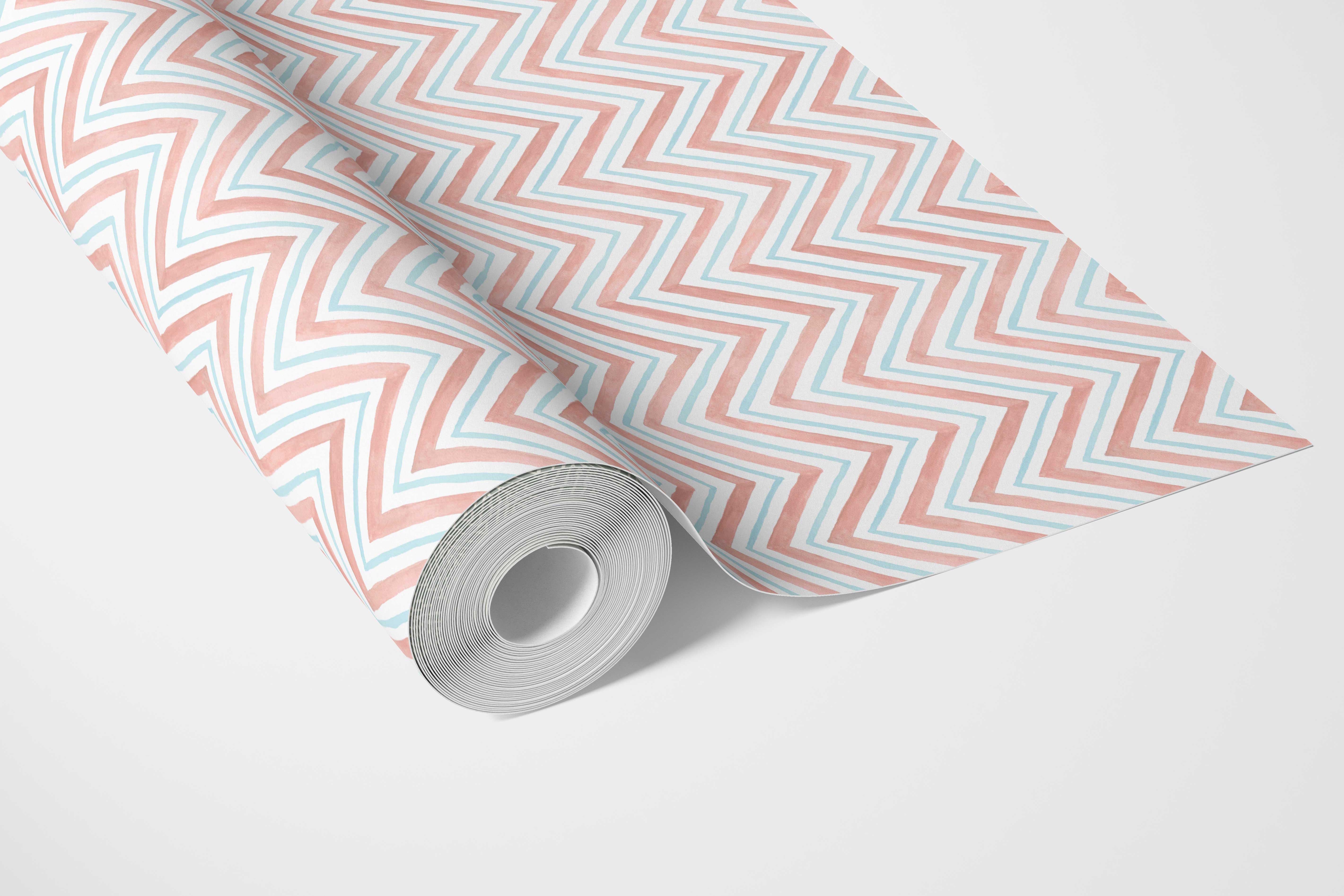Geometric Zigzag/ Chevron Kitchen Wallpaper Sample (Coral Pink/ Blue)