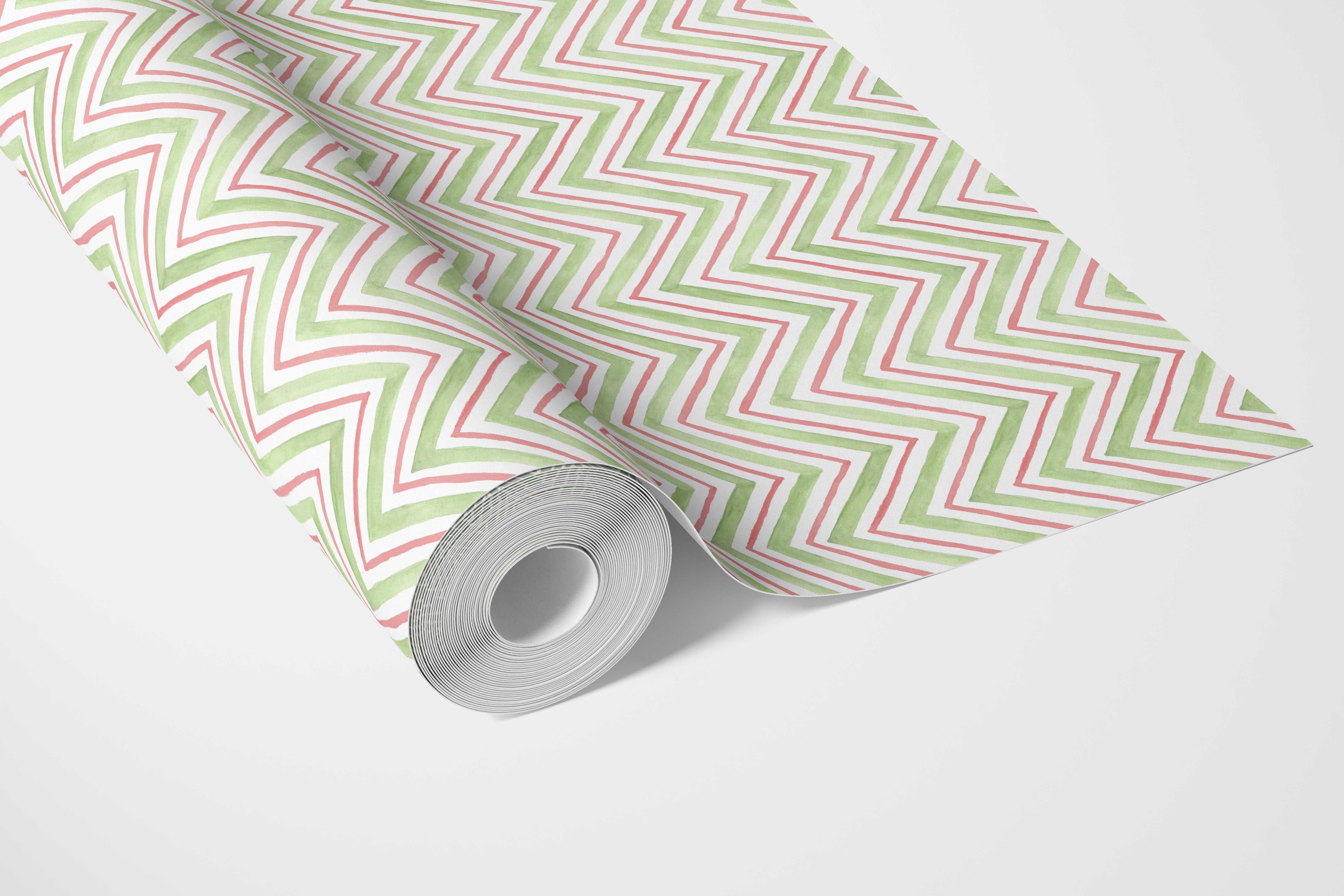Geometric Zigzag/ Chevron Kitchen Wallpaper Sample (Green/ Pink)
