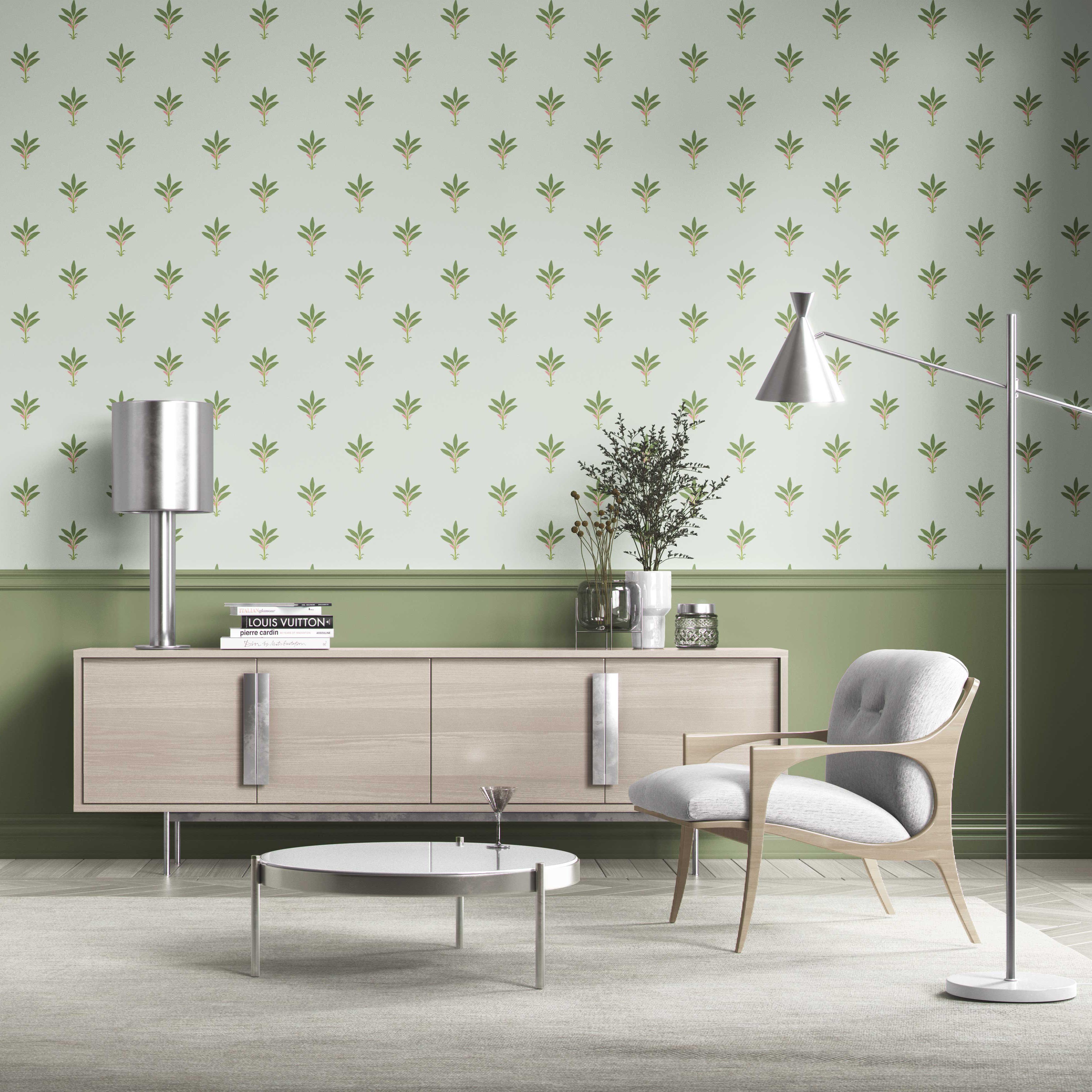 Vintage-Inspired Floral Block Print Kitchen Wallpaper (Mint Green/ Pink)