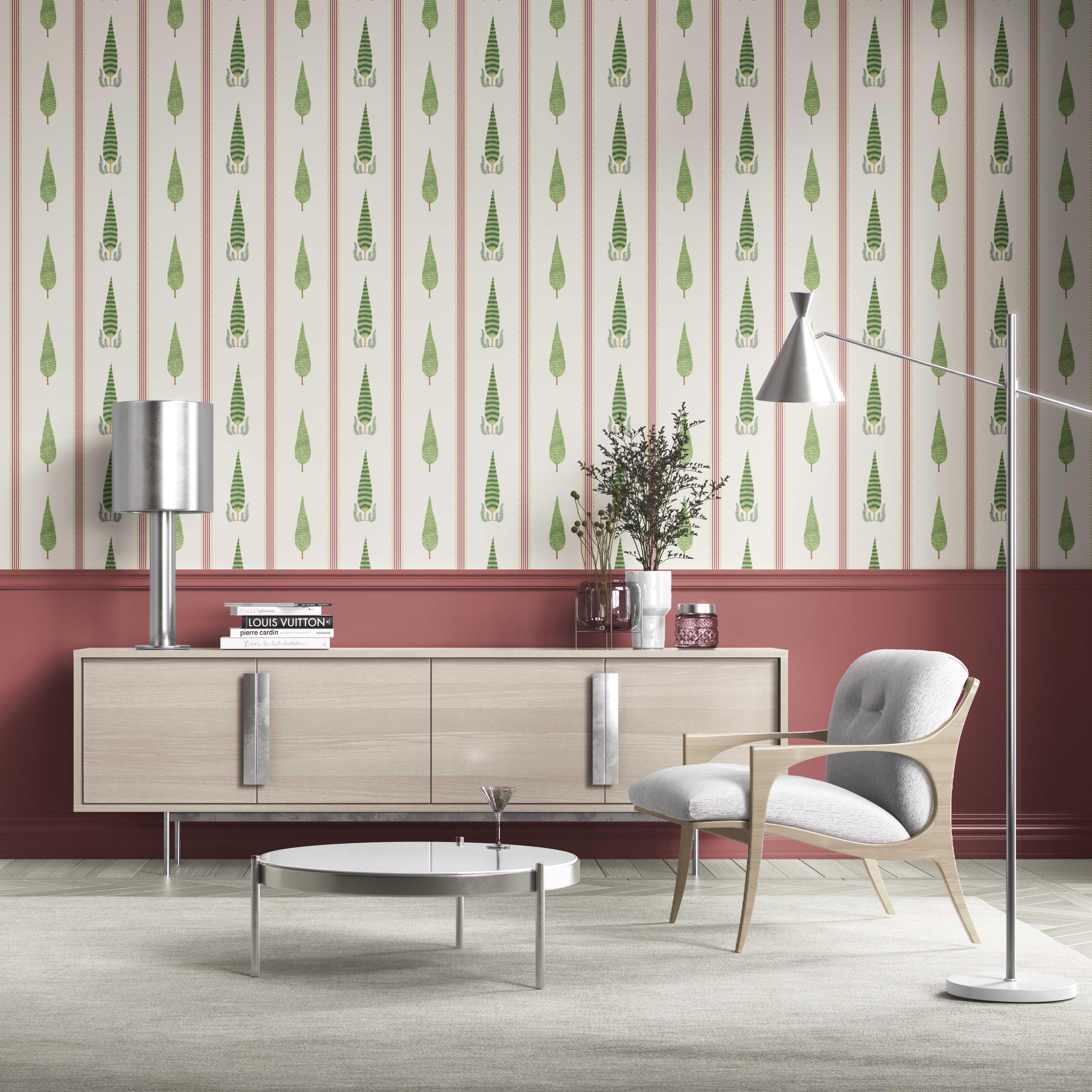 Modern Floral/ Botanical Leaf Print Kitchen Wallpaper Sample (Red/ Green/ White)