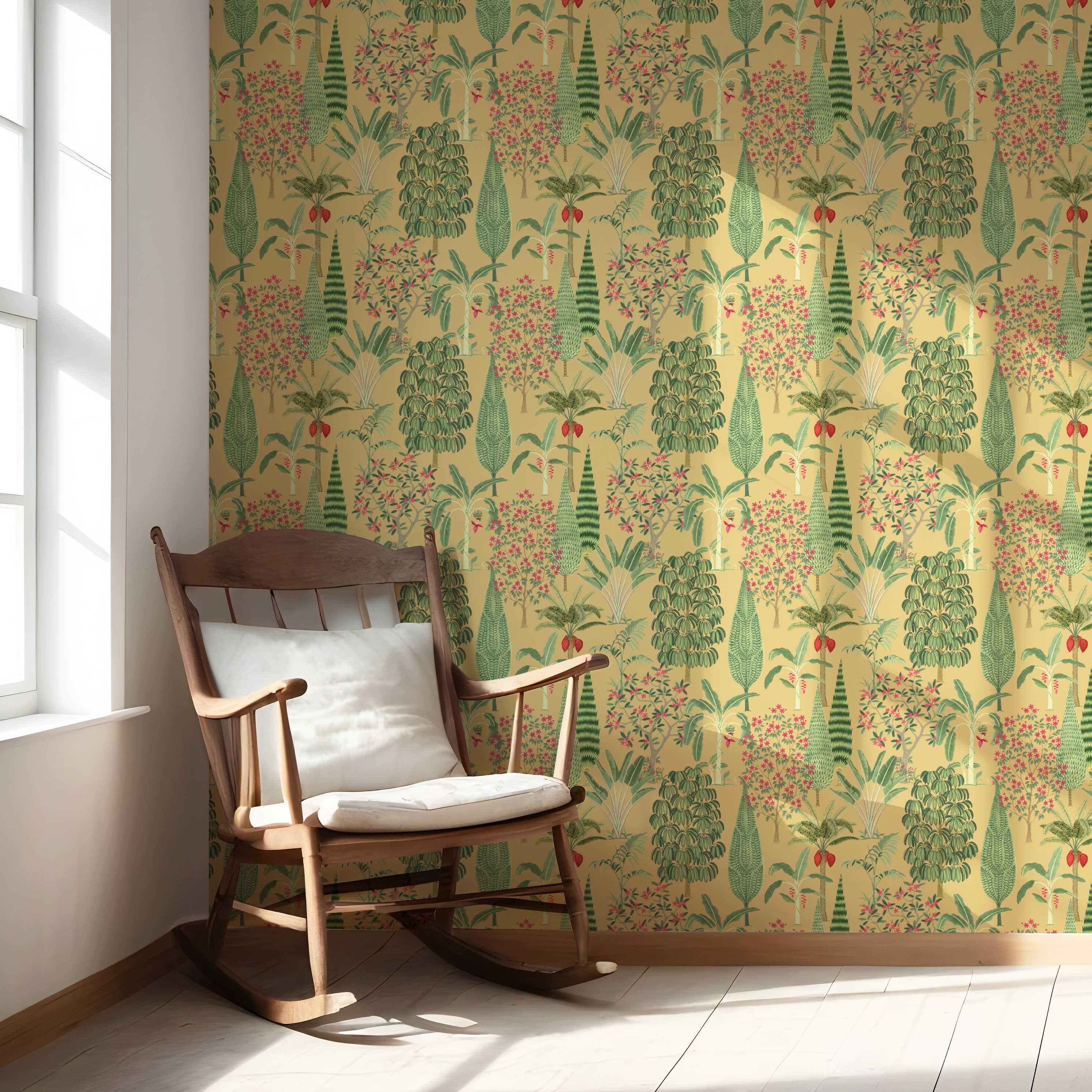 Tropical Floral/ Botanical Nursery Wallpaper Sample (Yellow/ Green/ Pink/ Red)