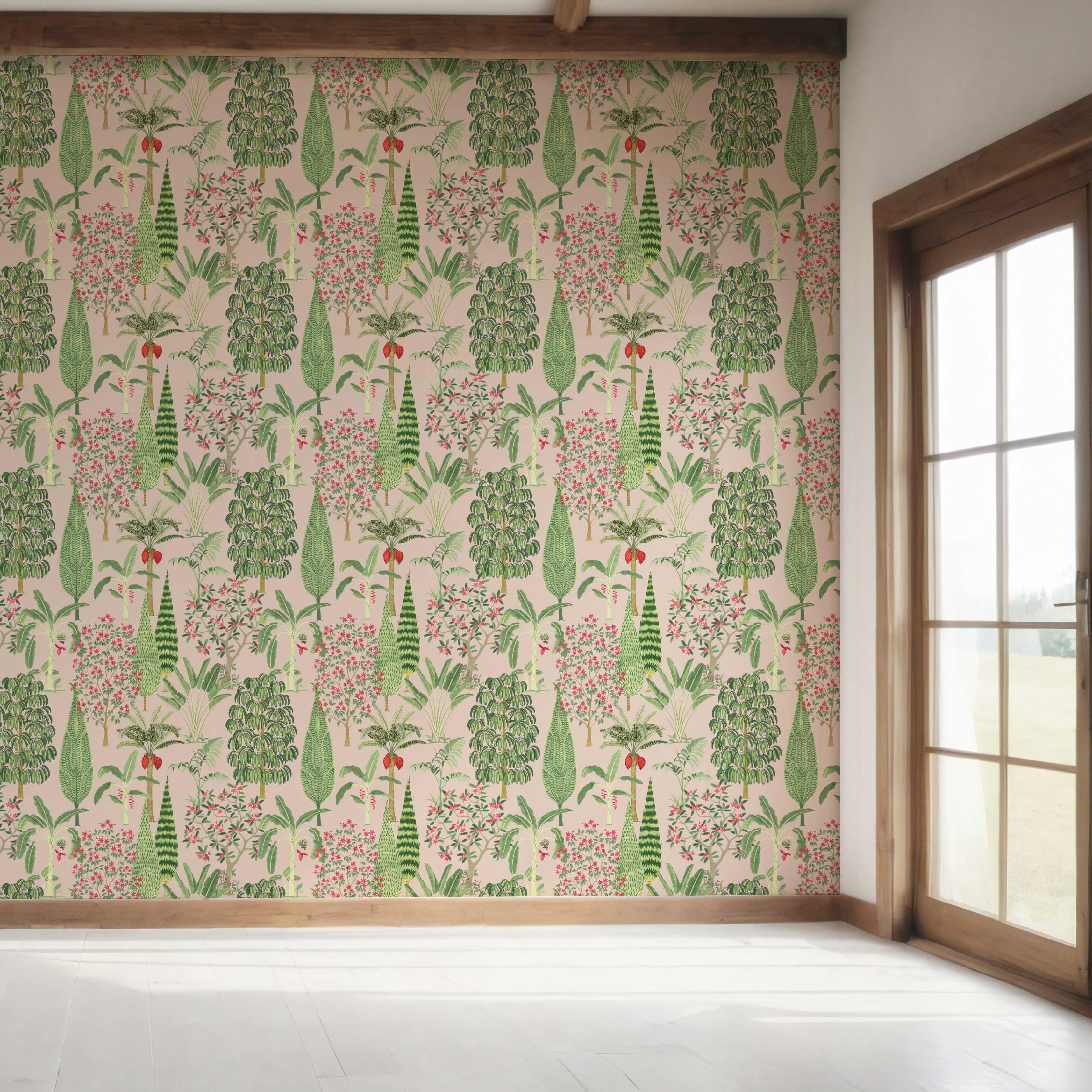 Tropical Floral/ Botanical Bedroom Wallpaper Sample (Pink/ Green/ Red)
