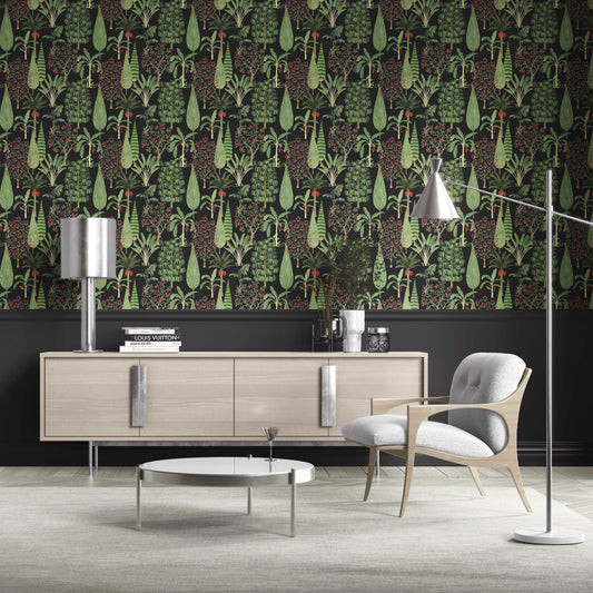 Tropical Floral/ Botanical Traditional Wallpaper (Black/ Green/ Pink/ Red)