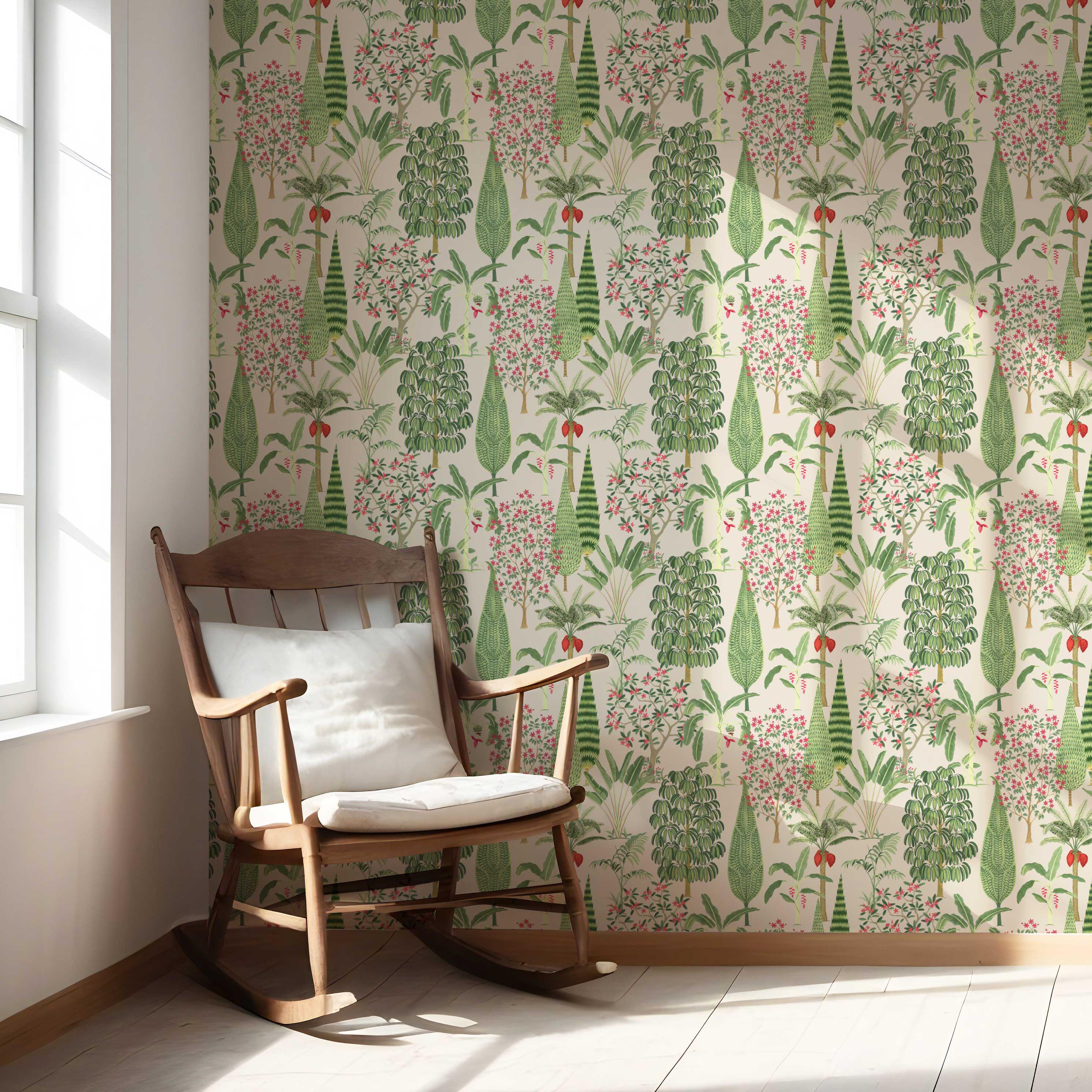 Tropical Floral/ Botanical Nursery Wallpaper (Beige/ Green/ Pink/ Red)