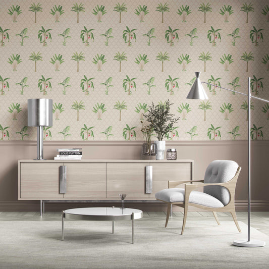 Botanical/ Floral Block Print Traditional Wallpaper (Beige/ Green/ Red/ Soft Taupe)