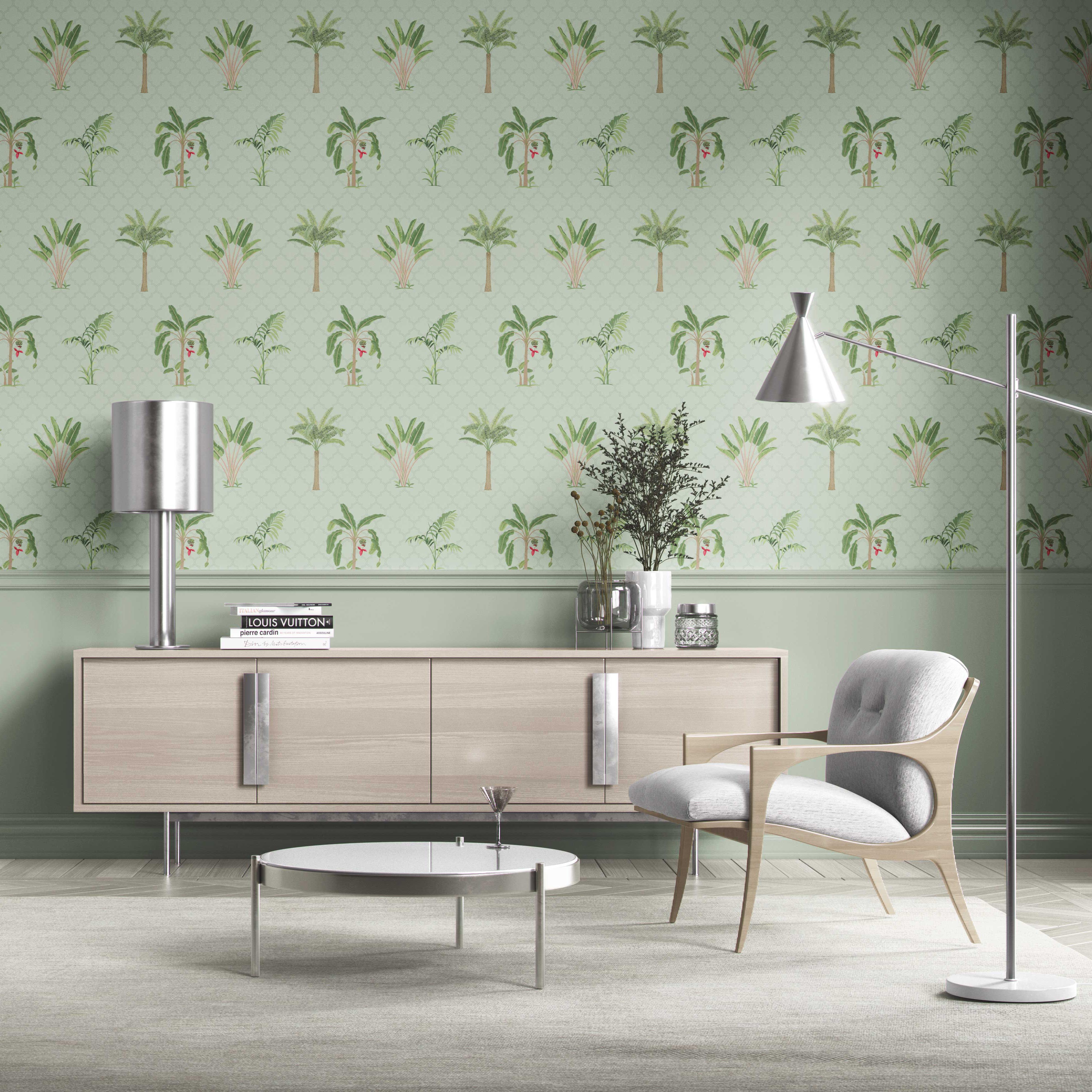 Botanical/ Floral Block Print Traditional Wallpaper Sample (Mint Green/ Red)