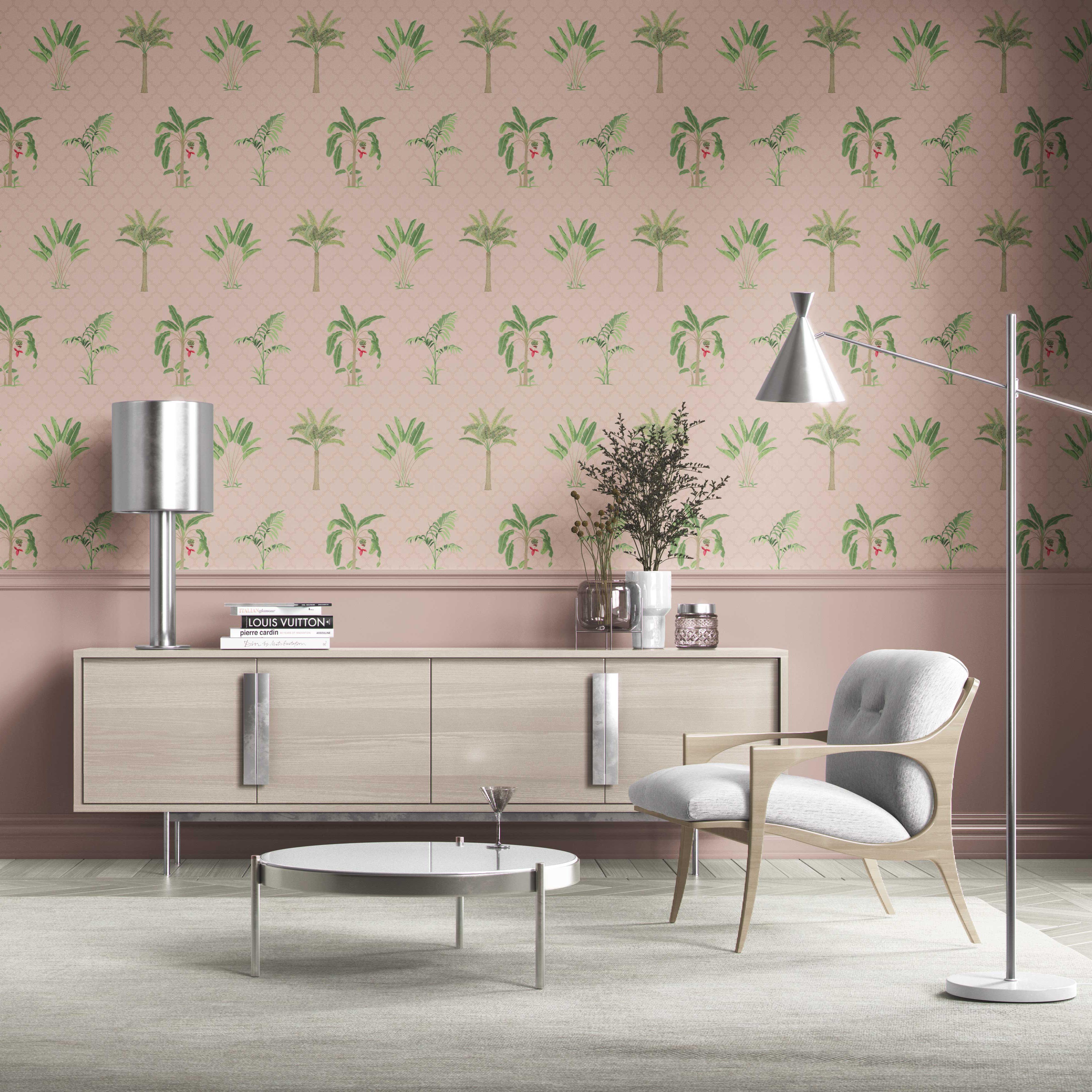 Botanical/ Floral Block Print Traditional Wallpaper Sample (Pink/ Green/ Red)