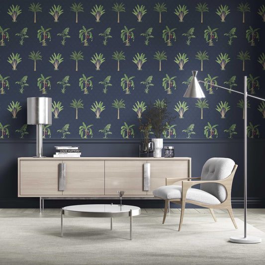 Botanical/ Floral Block Print Traditional Wallpaper (Navy Blue/ Green/ Red)