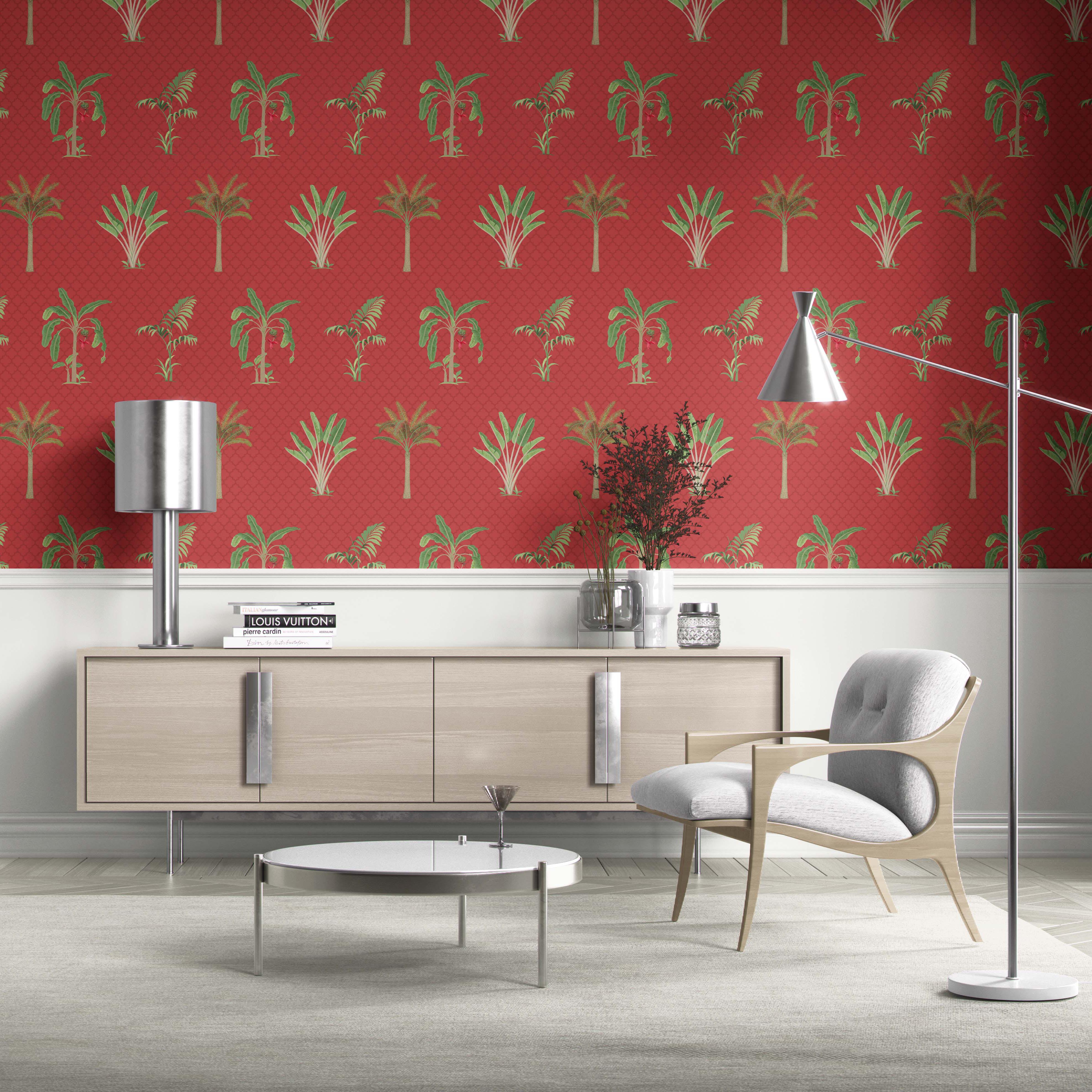 Botanical/ Floral Block Print Traditional Wallpaper (Red-Orange Green)