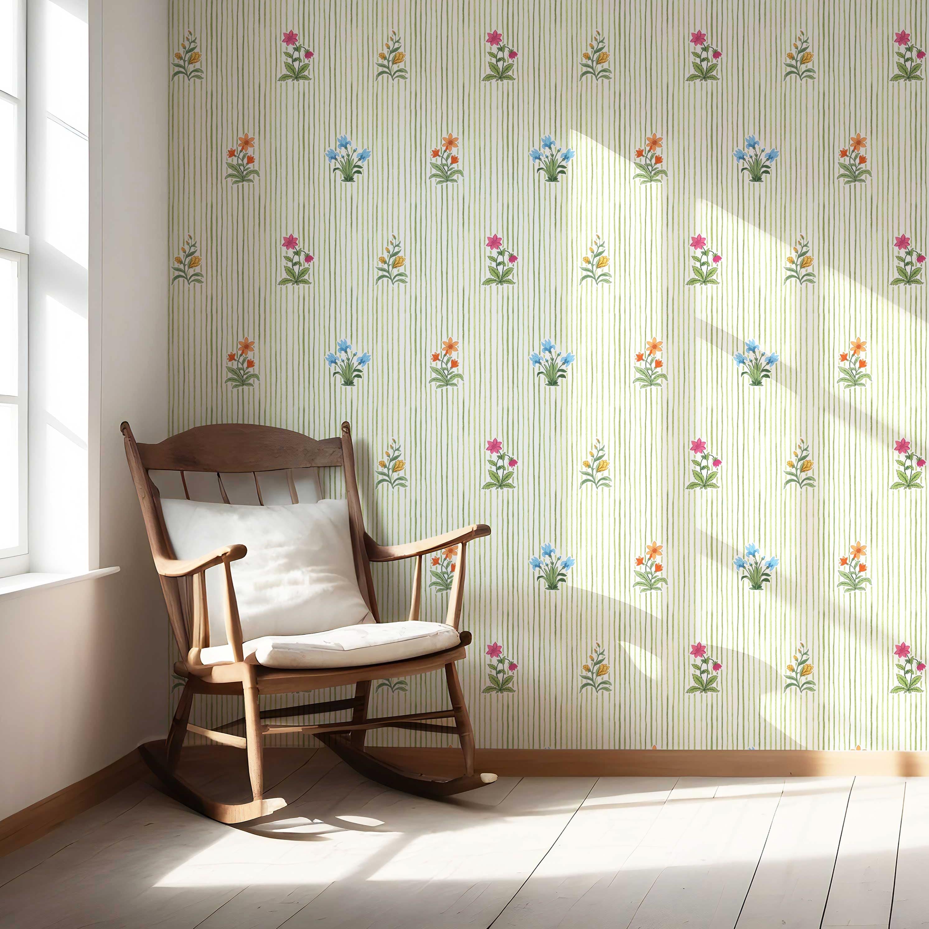 Floral Striped Block Print Nursery Wallpaper Sample (Green/ Pink/ Blue/ Yellow/ Orange)
