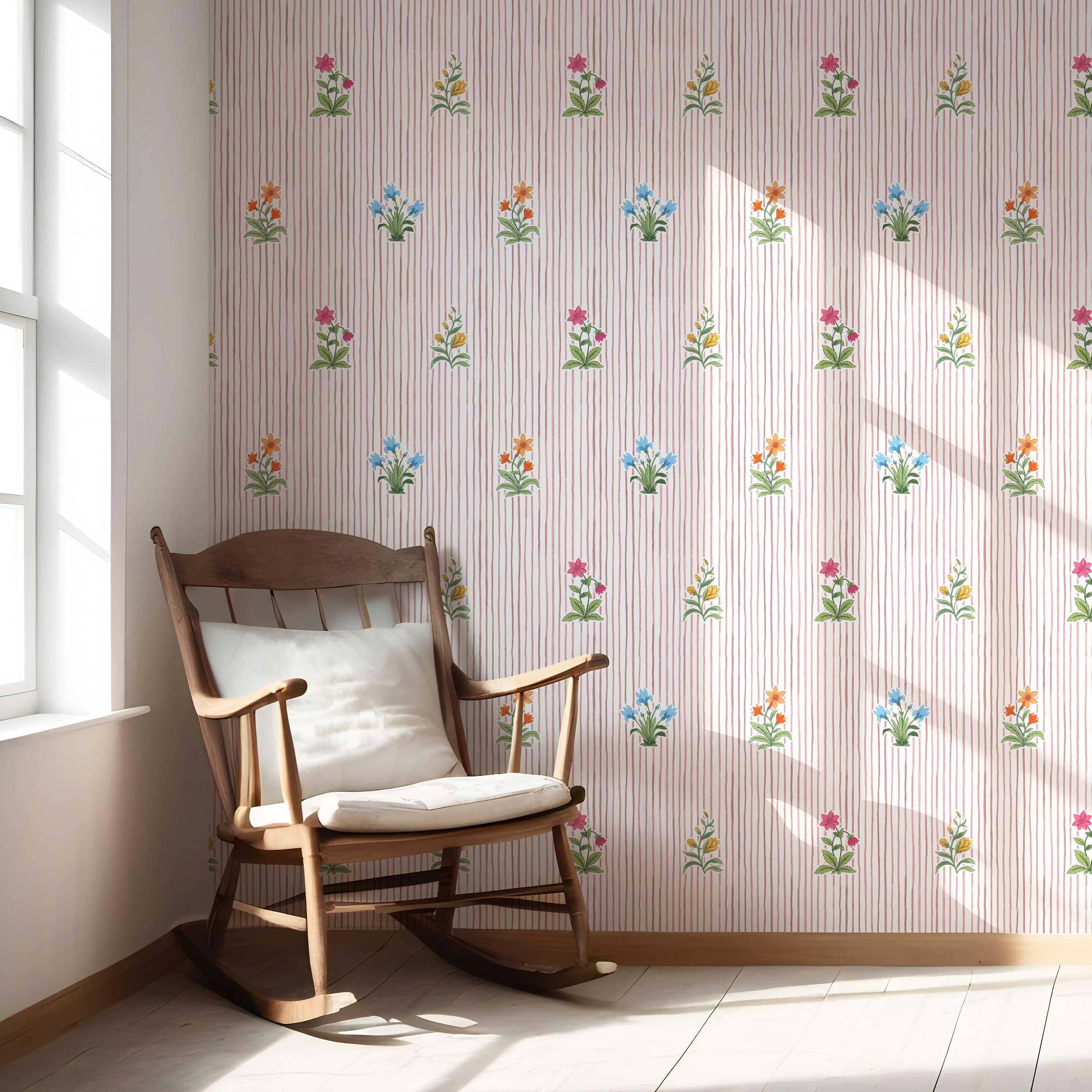 Floral Striped Block Print Nursery Wallpaper Sample (Pink/ Blue/ Green)