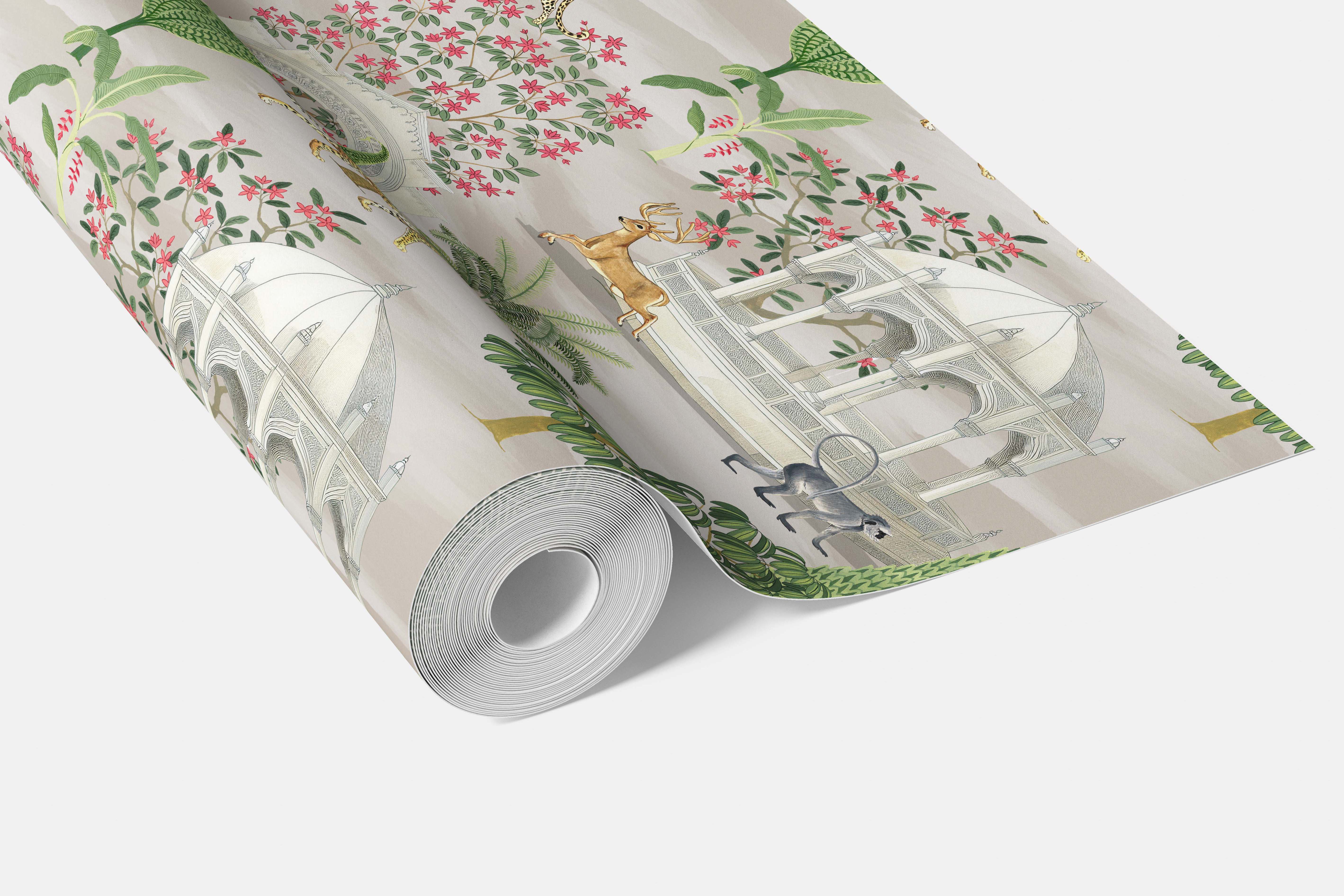 Vintage Heritage/ Ethnic Chinoiserie Bathroom Wallpaper (White/ Green/ Pink/ Tan/ Red)