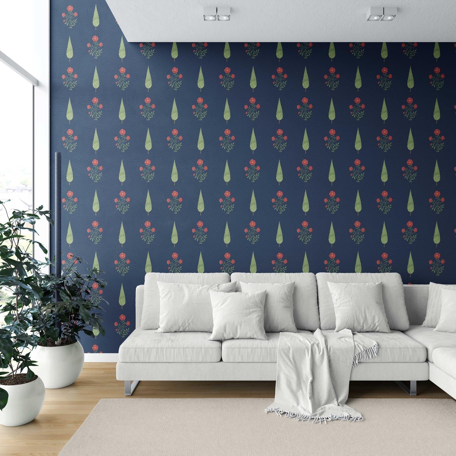 Botanical/ Floral Block Print Shower Toilet Wallpaper Sample (Navy Blue/ Red/ Green)