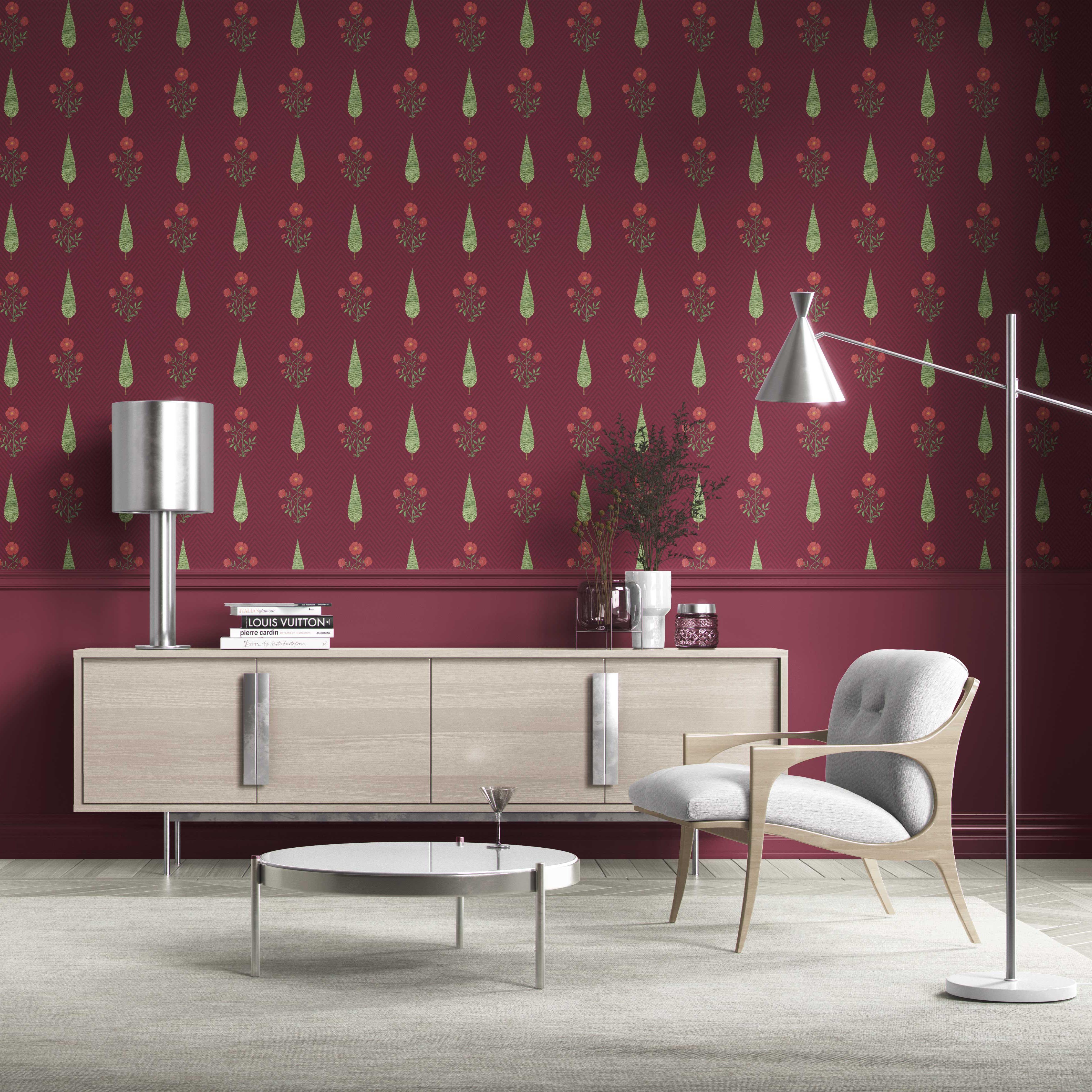 Botanical/ Floral Block Print Kitchen Wallpaper Sample (Red/ Maroon/ Green)