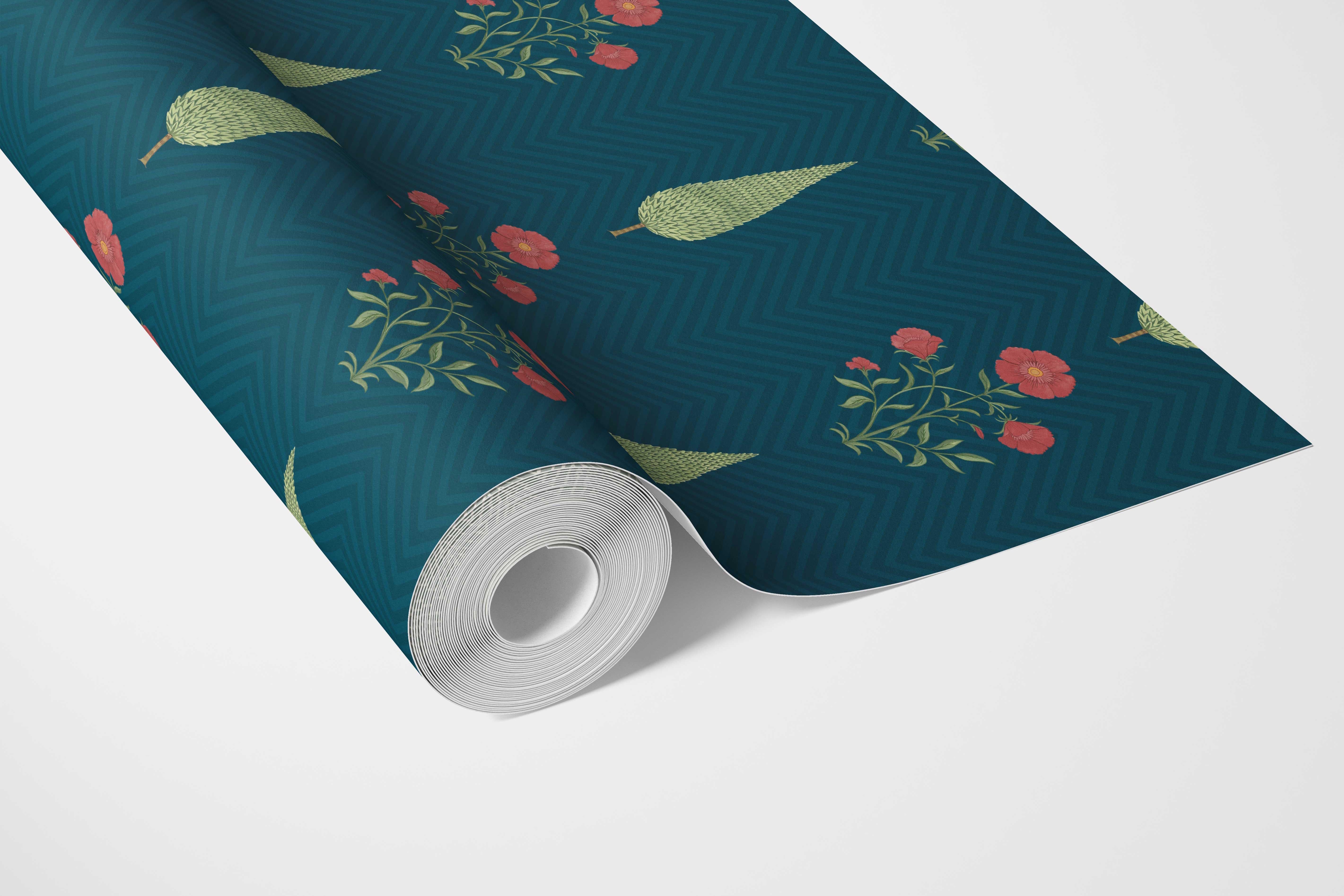 Botanical/ Floral Block Print Bathroom Wallpaper Sample (Teal Blue/ Red/ Green)