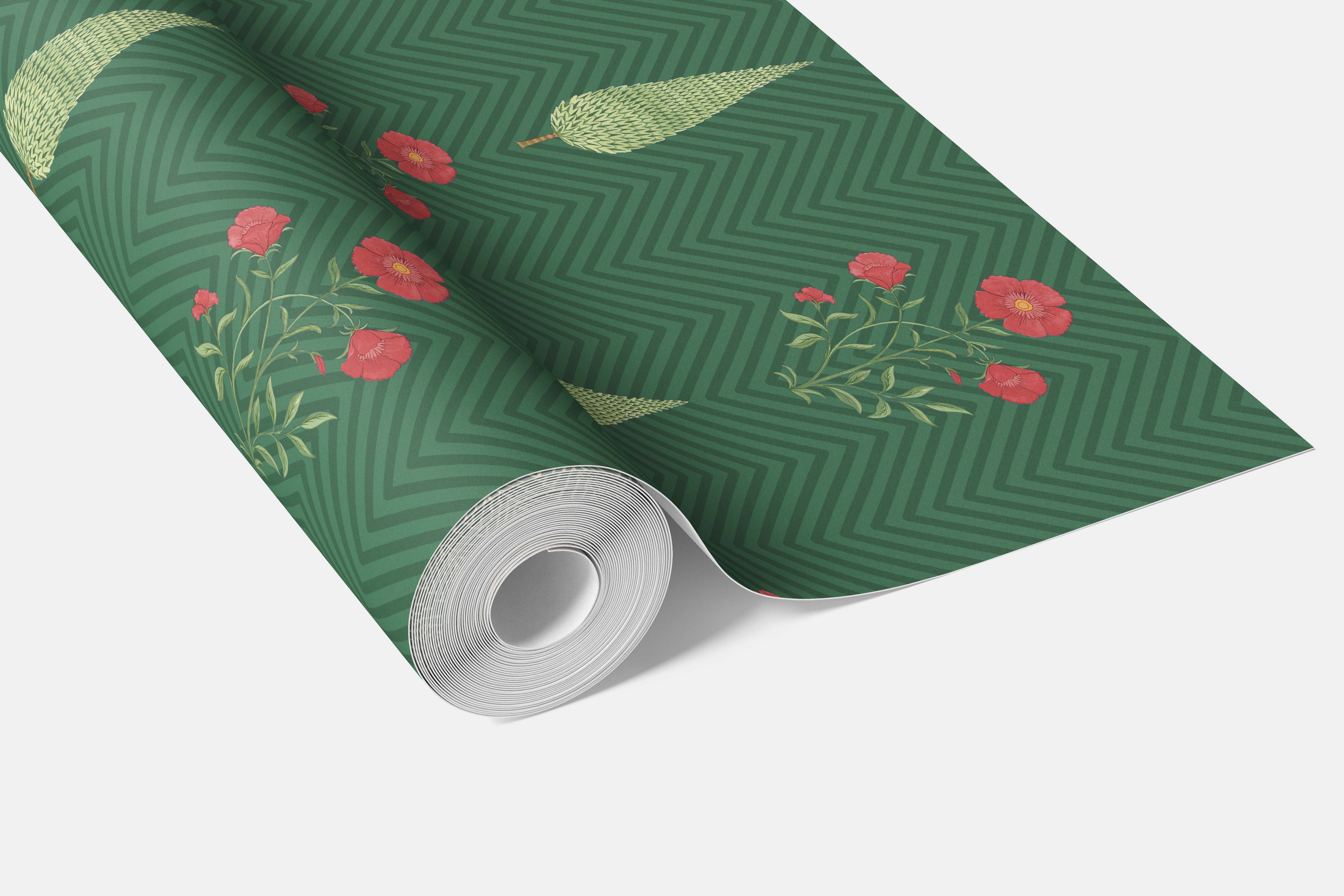 Botanical/ Floral Block Print Bathroom Wallpaper Sample (Emerald Green/ Red)